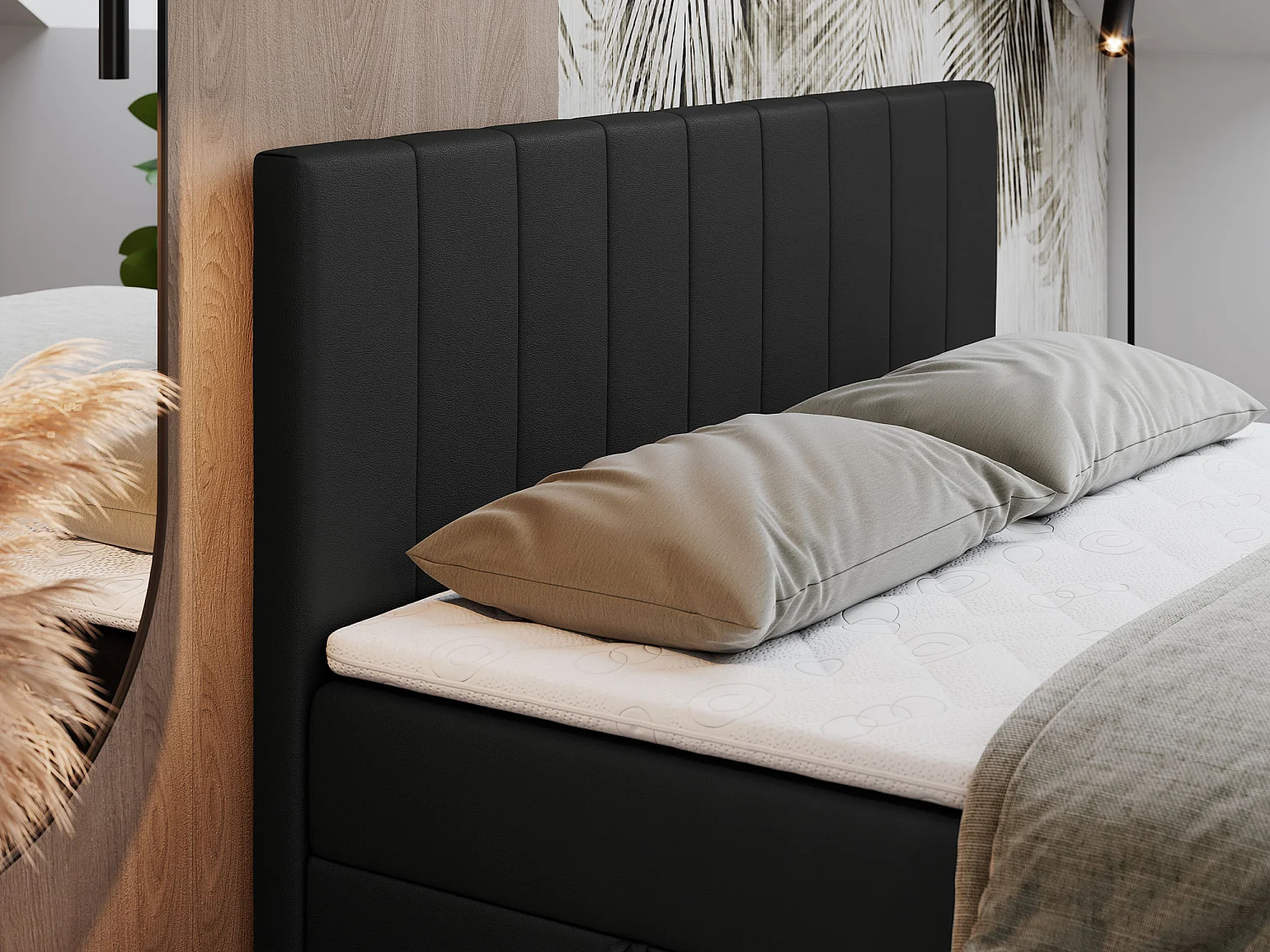 Boxspringbett LOPE - genähtes Kopfteil, Doppelbett mit Stauraum, Multipocket-Matratze, Topper - 200x200 cm - H3 - Schwarz Kunstleder