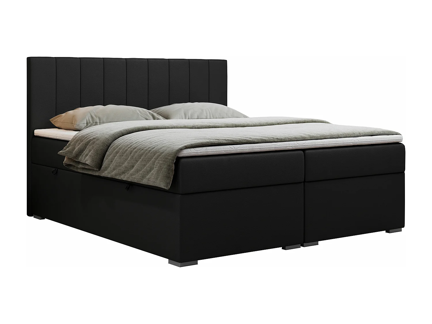 Boxspringbett LOPE - genähtes Kopfteil, Doppelbett mit Stauraum, Multipocket-Matratze, Topper - 200x200 cm - H3 - Schwarz Kunstleder