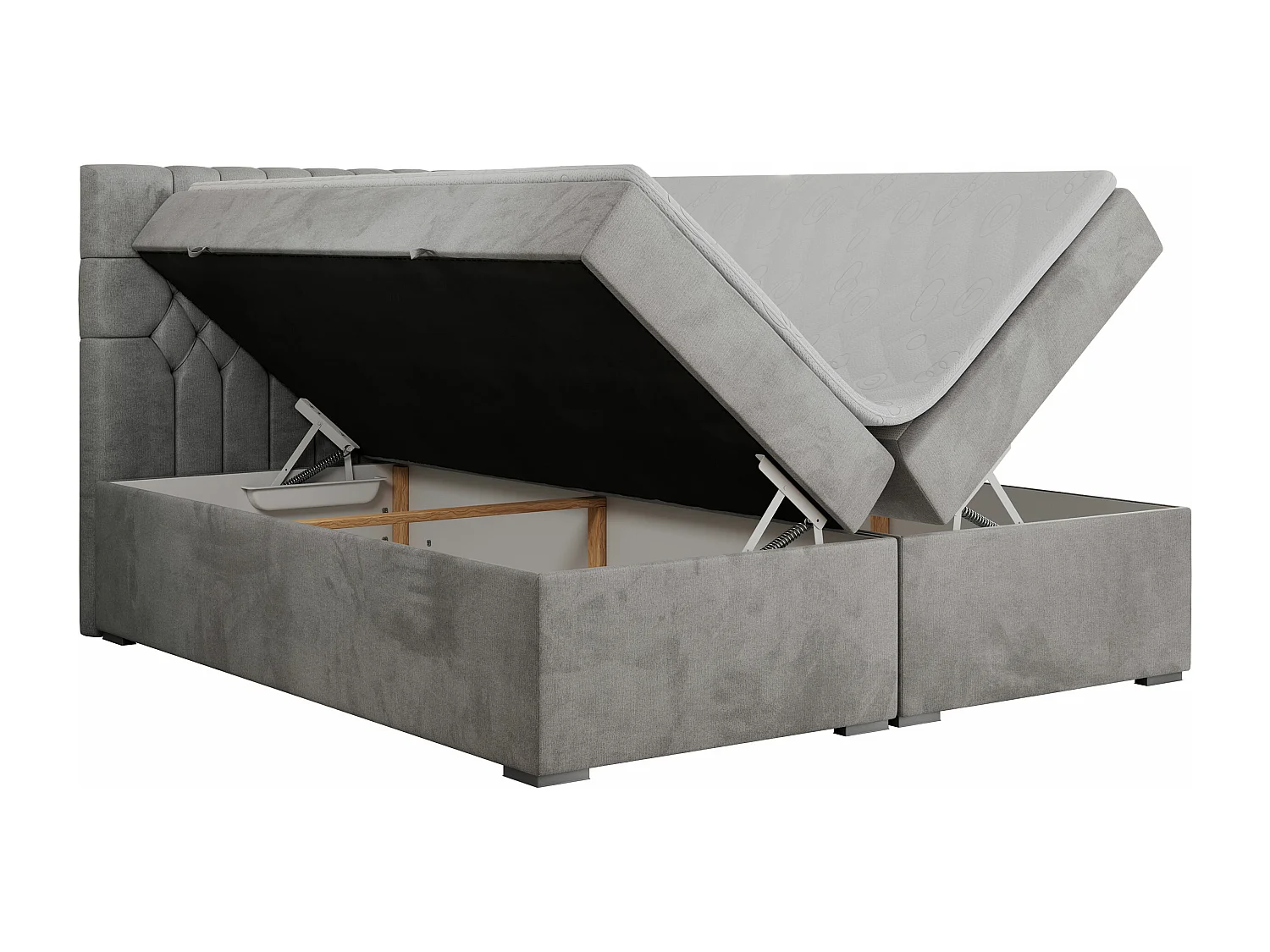 Boxspringbett PERA - gesteppte Kopfstütze, Multipocket-Matratze und Topper, Doppelbett mit Stauraum - 140x200 cm - H4 - Hellgrau Velvet