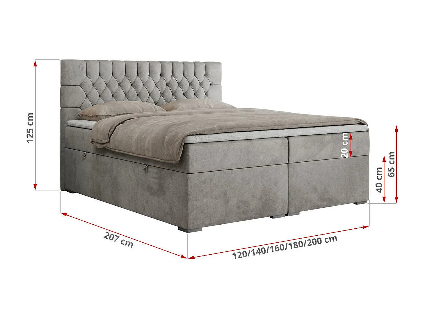Boxspringbett PERA - gesteppte Kopfstütze, Multipocket-Matratze und Topper, Doppelbett mit Stauraum - 140x200 cm - H4 - Hellgrau Velvet