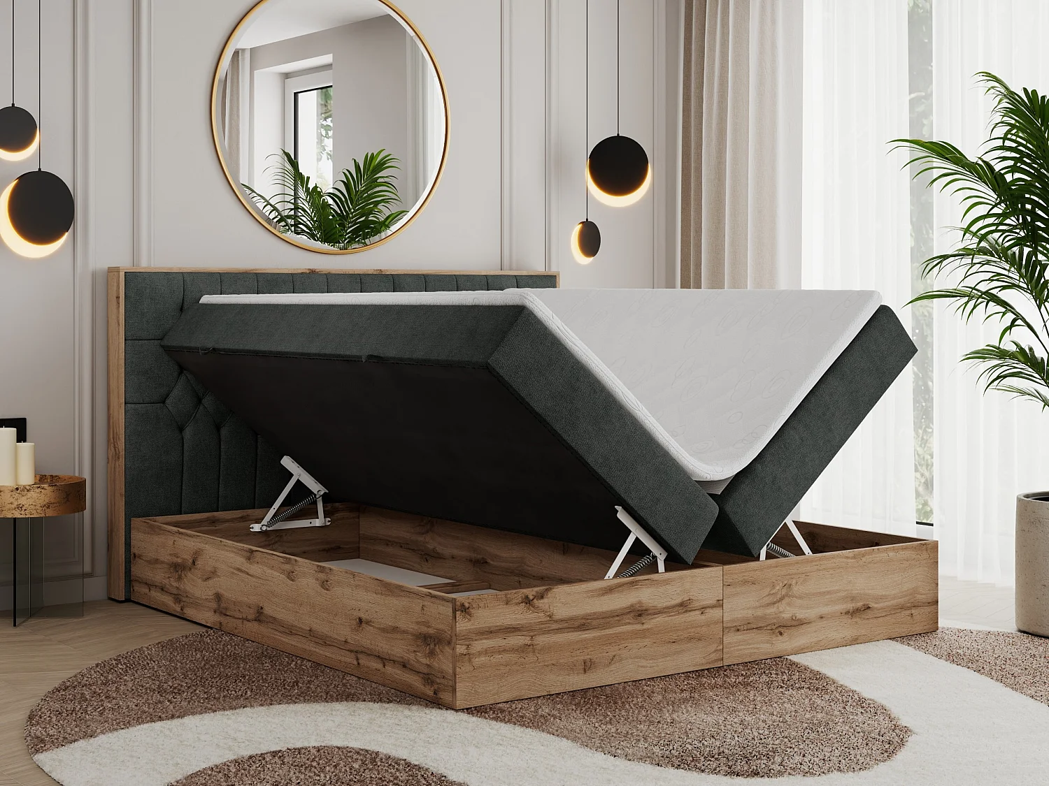 Boxspringbett AMORE - Bett mit Multipocket-Matratze, gesteppte Kopfstütze, Doppelbett für Schlafzimmer - 200x200 cm - H4 - Dunkelgrau Strukture