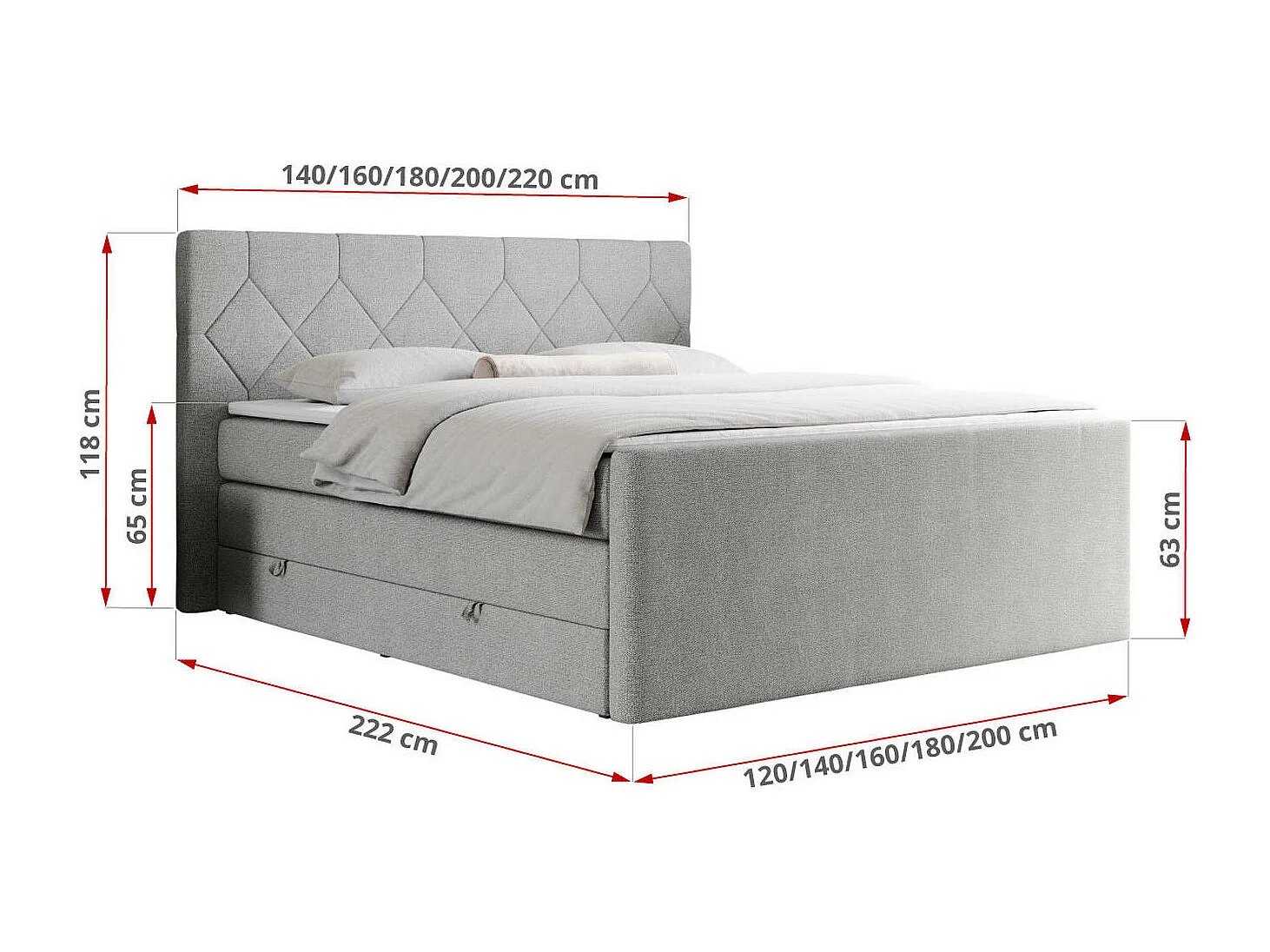 Boxspringbett EIGAR KING - Doppelbett mit genähtem Kopfteil, zwei Multipocket-Matratzen, Polsterbett für Schlafzimmer - 180x200 cm - H4 - Hellgrau Strukture