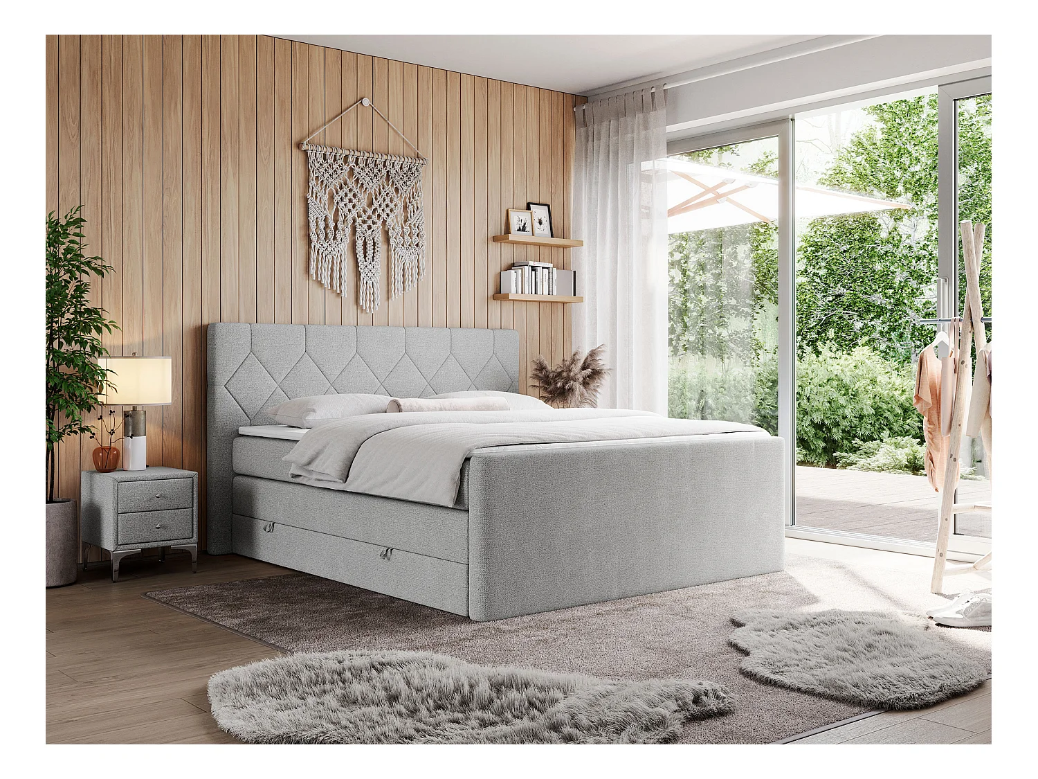 Boxspringbett EIGAR KING - Doppelbett mit genähtem Kopfteil, zwei Multipocket-Matratzen, Polsterbett für Schlafzimmer - 180x200 cm - H4 - Hellgrau Strukture