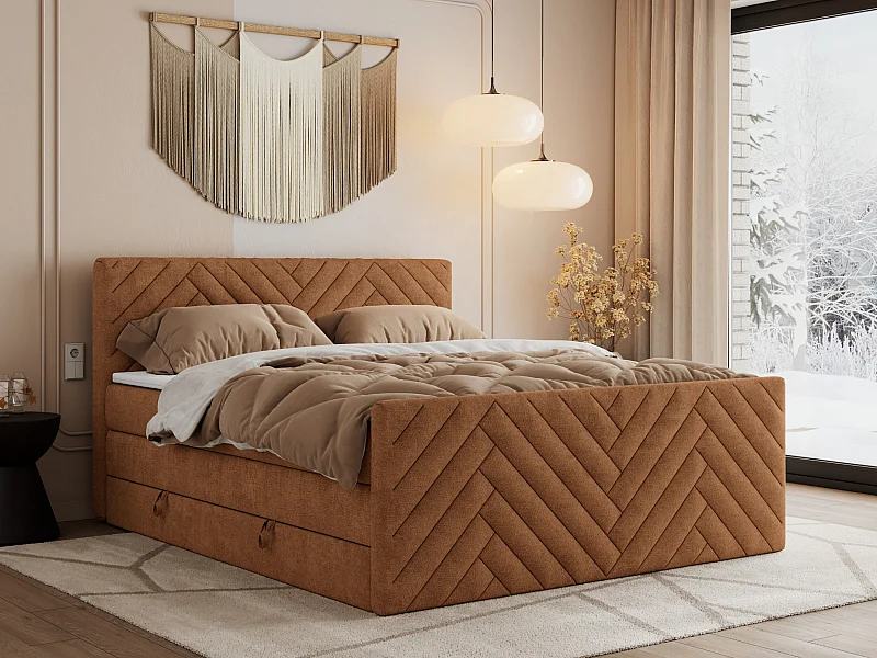 Boxspringbett PARIS KING DUO - dekorative Kopfstütze und Front, zwei Multipocket-Matratze mit Topper - 120x200 cm - H4 - Orange Strukture