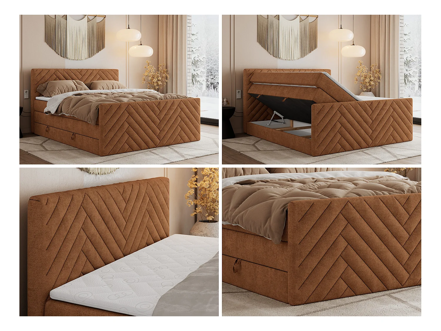 Boxspringbett PARIS KING DUO - dekorative Kopfstütze und Front, zwei Multipocket-Matratze mit Topper - 120x200 cm - H4 - Orange Strukture