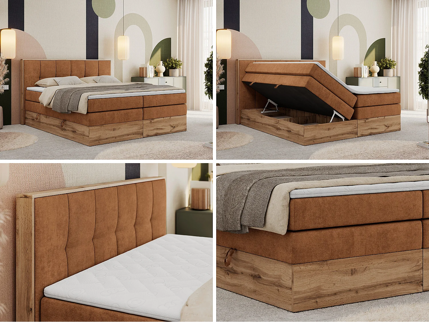 Boxspringbett ALBERO 1 KING - zwei 7 Härtezonen Multipocket-Matratzen, Doppelbett mit Stauraum, Eiche Wotan Holzrahmen - 200x200 cm - H3 - Orange Strukture