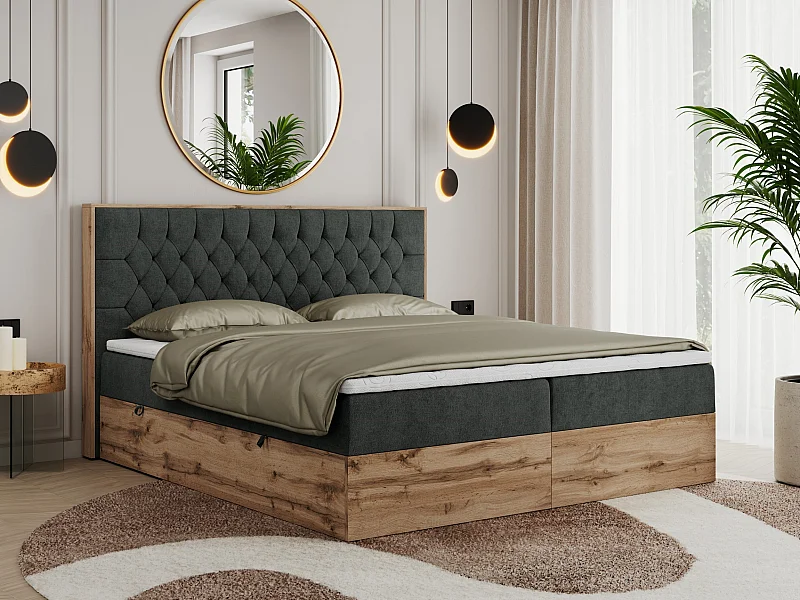 Boxspringbett AMORE - Bett mit Multipocket-Matratze, gesteppte Kopfstütze, Doppelbett für Schlafzimmer - 180x200 cm - H4 - Dunkelgrau Strukture
