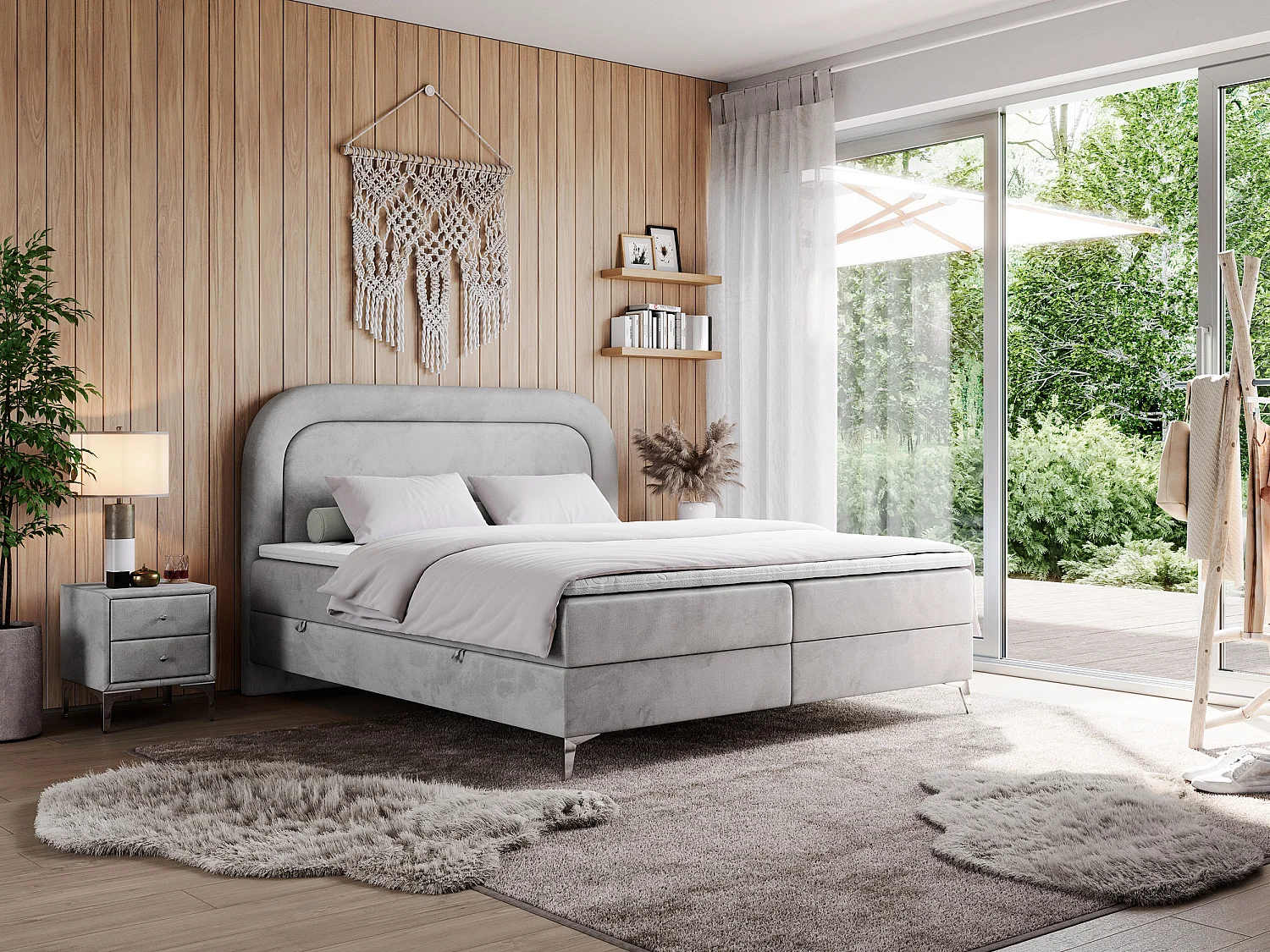 Boxspringbett EIRA - Polsterbett mit Stauraum, Set mit Kopfteil und Multipocket-Matratze, Metallbeine - 160x200 cm - H3 - Hellgrau Velvet