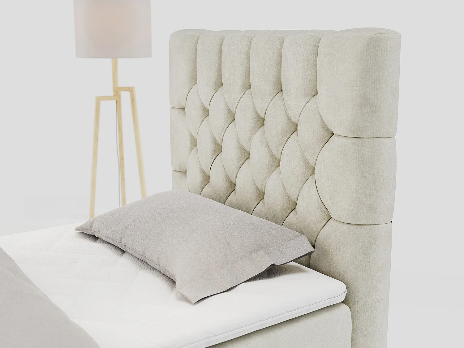 Boxspringbett PERA - Einzelbett mit Kopfstütze, Polsterbett, Multipocket-Matratze, genähtes Kopfteil - 90x200 cm - H4 - Beige Velvet - Rechts Seite