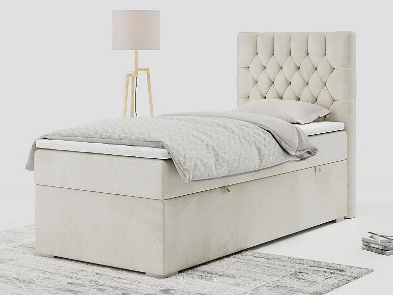 Boxspringbett PERA - Einzelbett mit Kopfstütze, Polsterbett, Multipocket-Matratze, genähtes Kopfteil - 90x200 cm - H4 - Beige Velvet - Rechts Seite