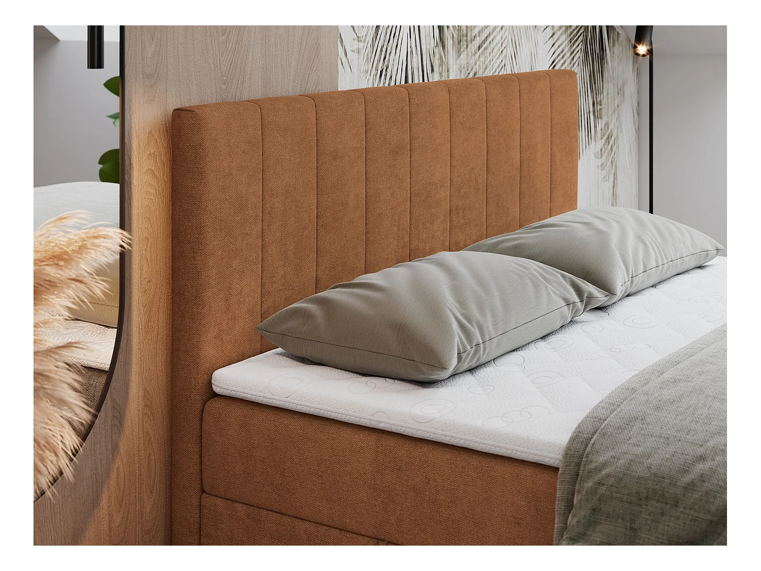 Boxspringbett LOPE - genähtes Kopfteil, Doppelbett mit Stauraum, Multipocket-Matratze, Topper - 160x200 cm - H3 - Orange Strukture