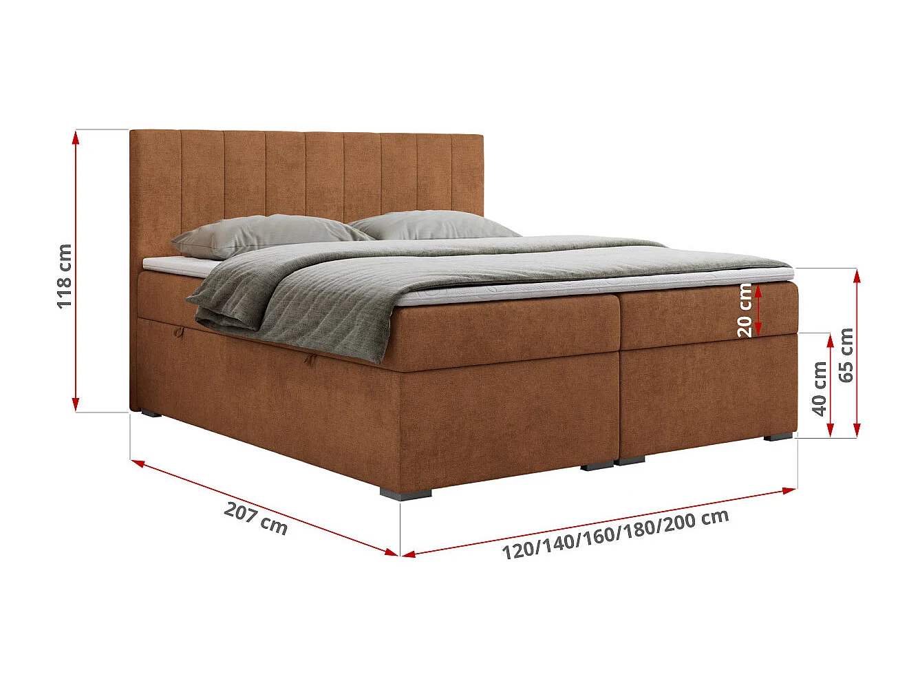 Boxspringbett LOPE - genähtes Kopfteil, Doppelbett mit Stauraum, Multipocket-Matratze, Topper - 160x200 cm - H3 - Orange Strukture