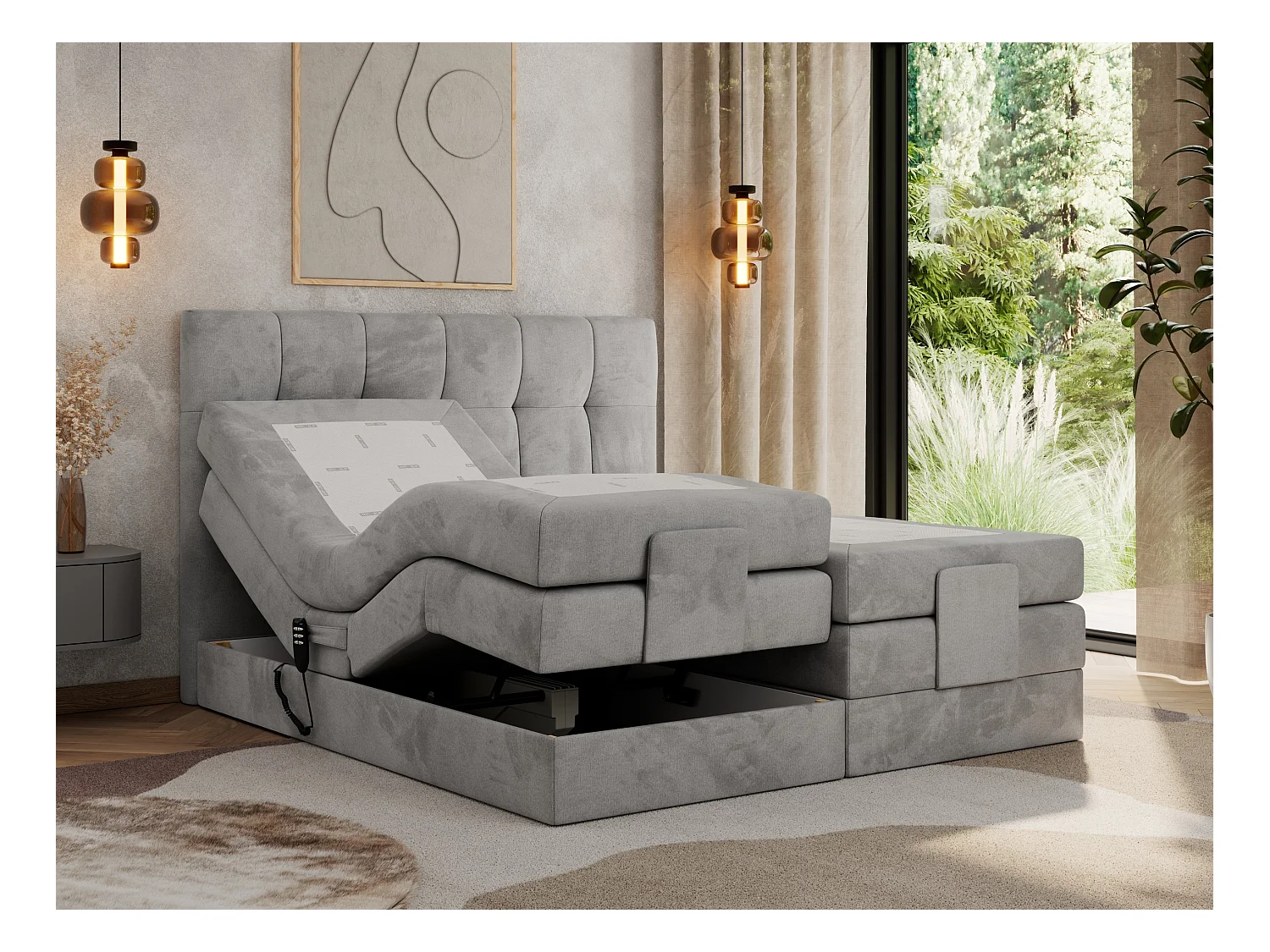 Boxspringbett VITTORIA - mit gestepptem Kopfteil, elektrischem Untergestell, Multipocket-Matratze - 160x200 cm - H4 - Hellgrau Velvet