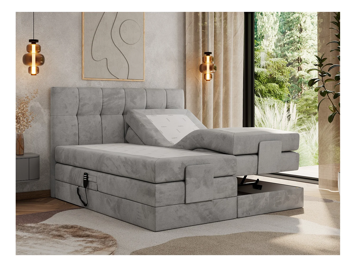 Boxspringbett VITTORIA - mit gestepptem Kopfteil, elektrischem Untergestell, Multipocket-Matratze - 160x200 cm - H4 - Hellgrau Velvet