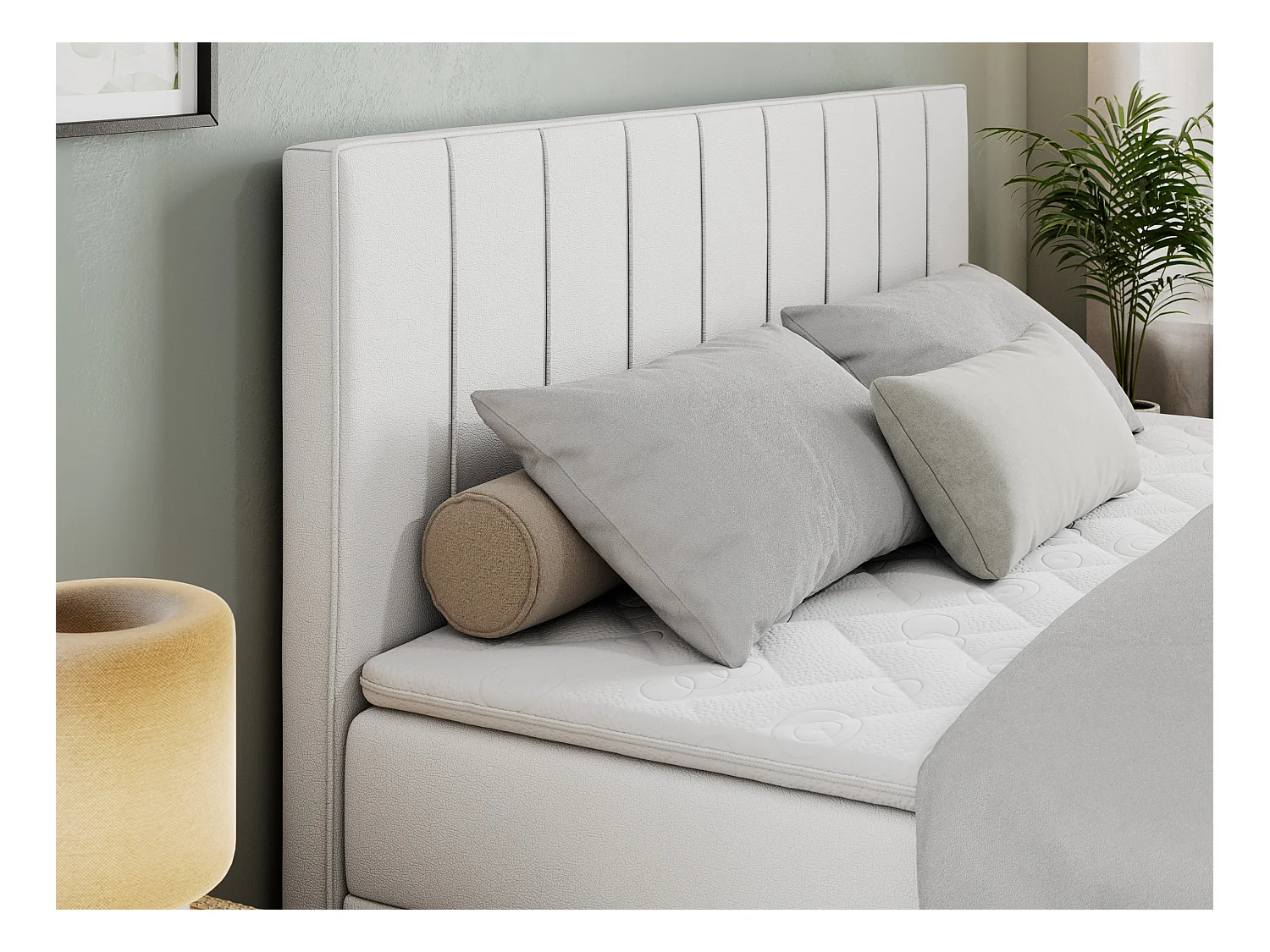 Boxspringbett ALLY - gestreiftes, genähtes Kopfteil, zwei Bettkästen, Multipocket-Matratzen, Praktisch Polsterbett - 180x200 cm - H3 - Weiß Kunstleder