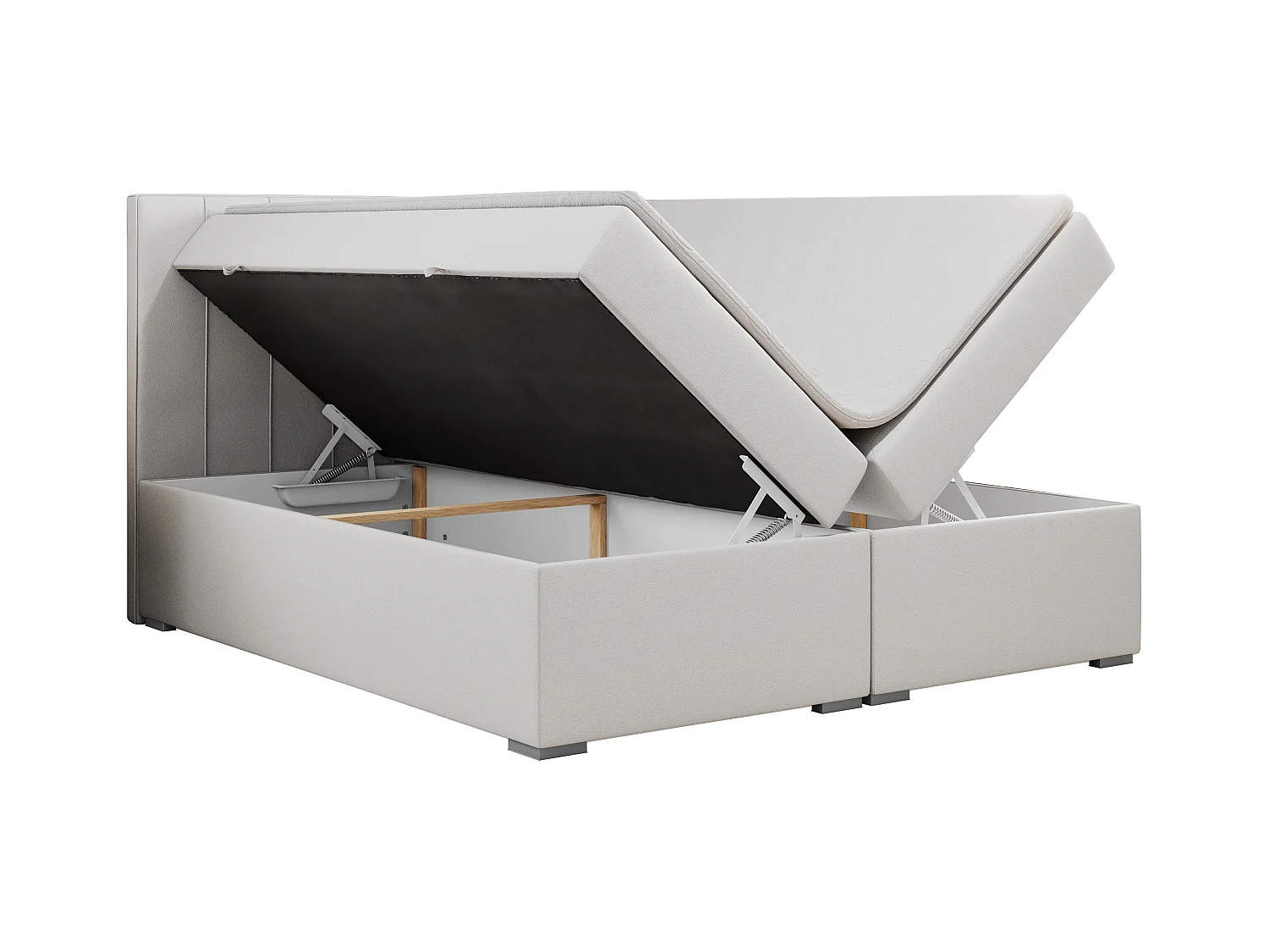 Boxspringbett ALLY - gestreiftes, genähtes Kopfteil, zwei Bettkästen, Multipocket-Matratzen, Praktisch Polsterbett - 180x200 cm - H3 - Weiß Kunstleder