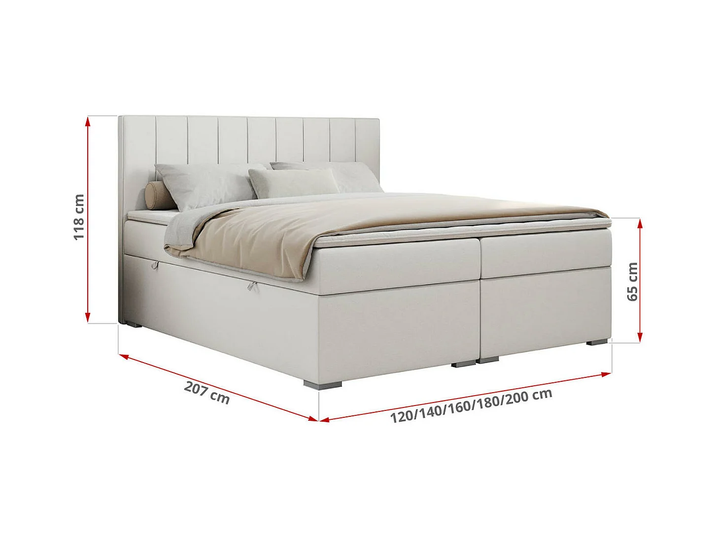 Boxspringbett ALLY - gestreiftes, genähtes Kopfteil, zwei Bettkästen, Multipocket-Matratzen, Praktisch Polsterbett - 180x200 cm - H3 - Weiß Kunstleder