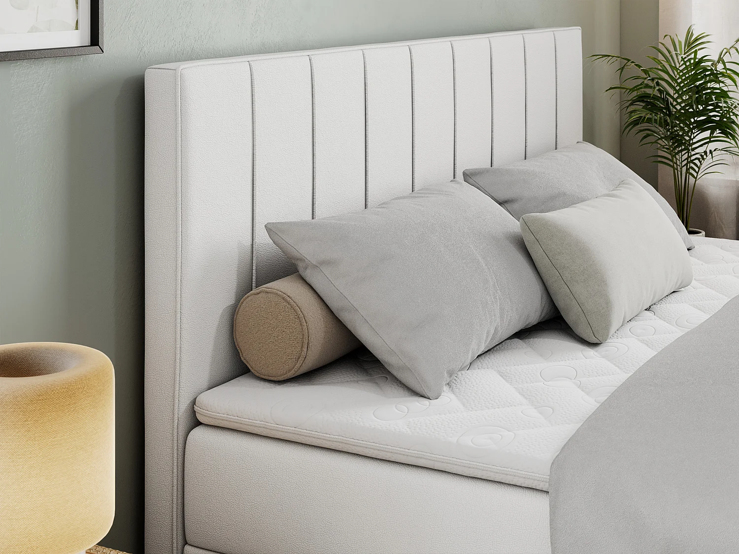 Boxspringbett ALLY - gestreiftes, genähtes Kopfteil, zwei Bettkästen, Multipocket-Matratzen, Praktisch Polsterbett - 180x200 cm - H3 - Weiß Kunstleder