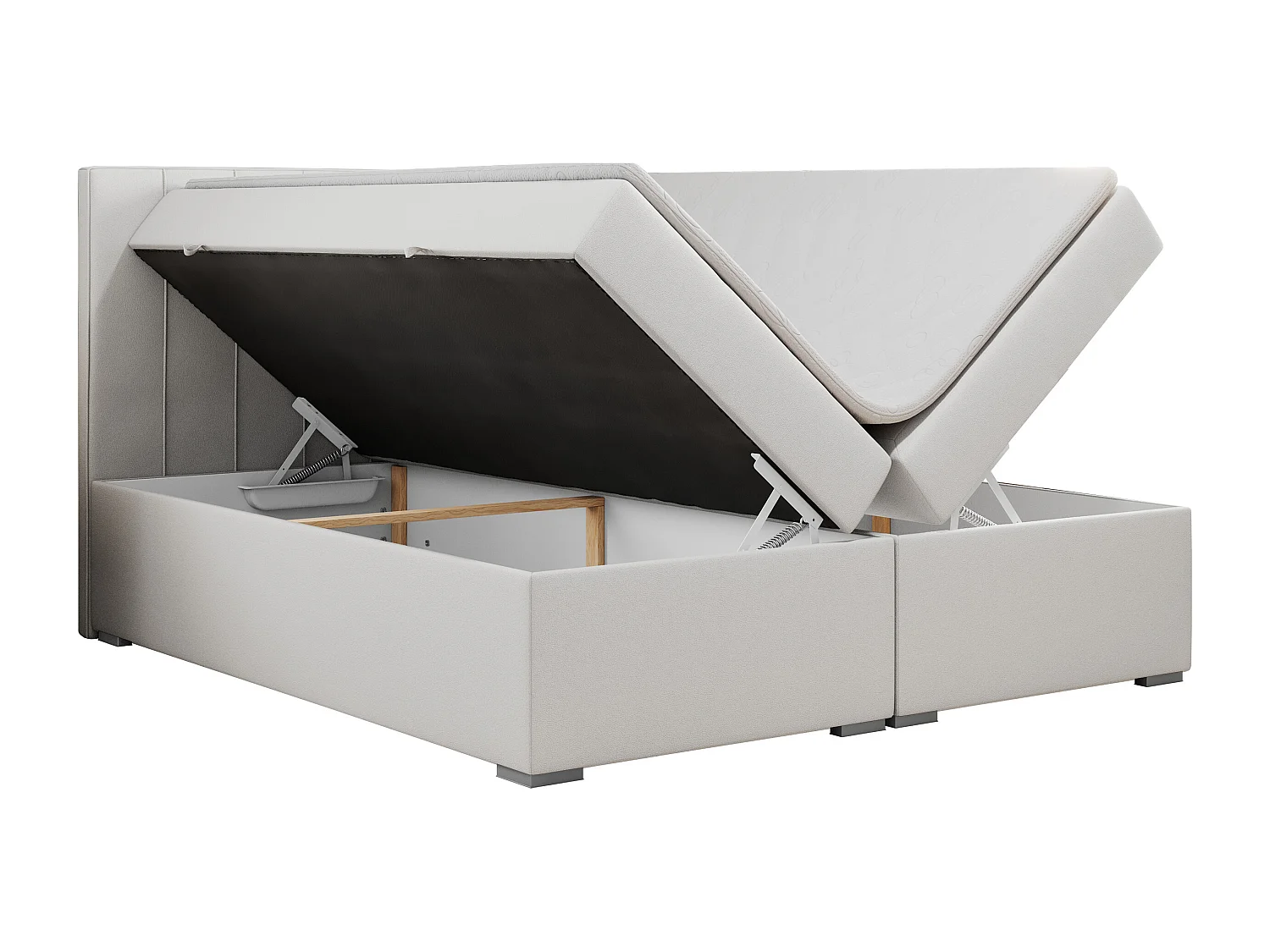 Boxspringbett ALLY - gestreiftes, genähtes Kopfteil, zwei Bettkästen, Multipocket-Matratzen, Praktisch Polsterbett - 180x200 cm - H3 - Weiß Kunstleder