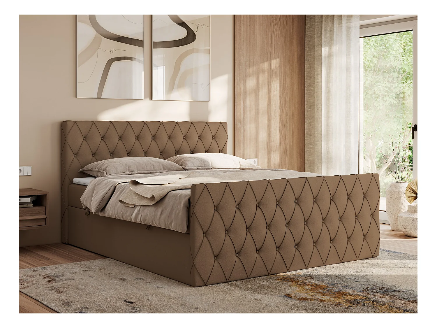 Boxspringbett MIREN DUO - mit gestepptem Kopfteil und Front, Multipocket-Matratze, zwei Bettkästen - 200x200 cm - H4 - Braun Kunstleder