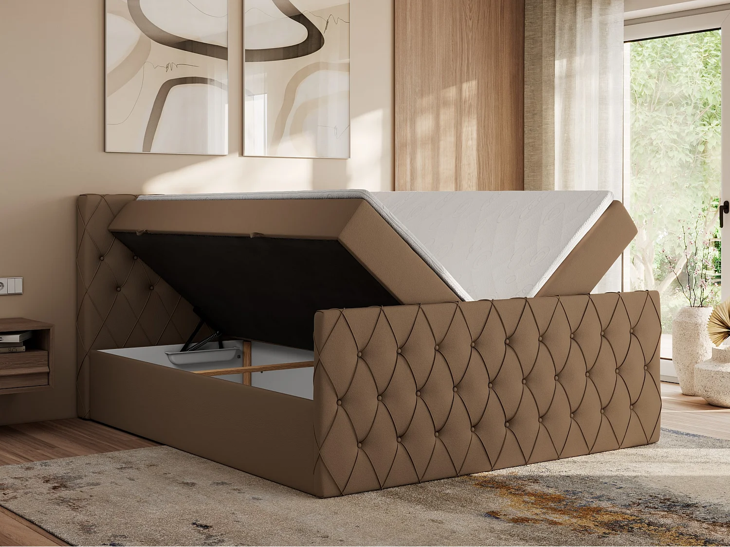 Boxspringbett MIREN DUO - mit gestepptem Kopfteil und Front, Multipocket-Matratze, zwei Bettkästen - 200x200 cm - H4 - Braun Kunstleder