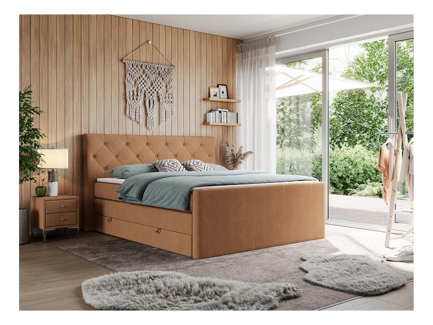 Boxspringbett VELEN KING - Doppelbett mit gestepptem Kopfteil, zwei Multipocket-Matratzen, Polsterbett mit Kopfstütze - 160x200 cm - H3 - Orange Strukture