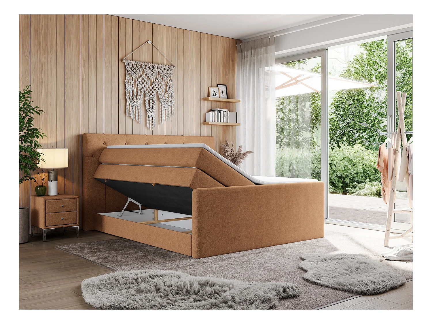 Boxspringbett VELEN KING - Doppelbett mit gestepptem Kopfteil, zwei Multipocket-Matratzen, Polsterbett mit Kopfstütze - 160x200 cm - H3 - Orange Strukture