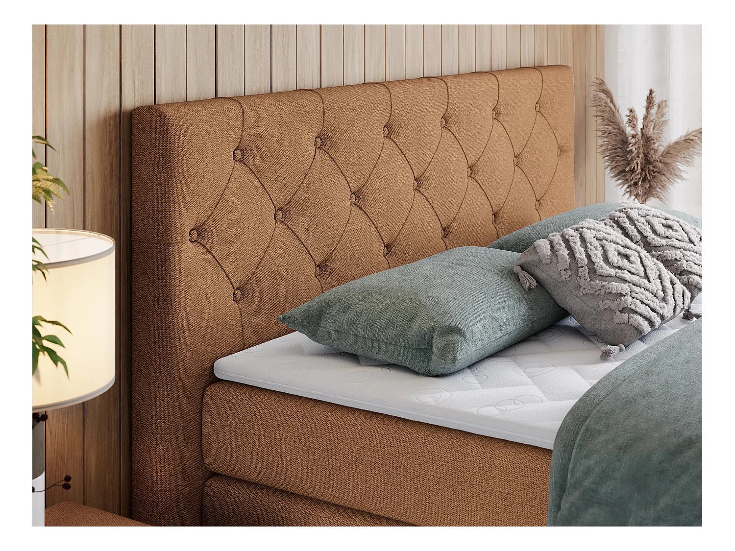 Boxspringbett VELEN KING - Doppelbett mit gestepptem Kopfteil, zwei Multipocket-Matratzen, Polsterbett mit Kopfstütze - 160x200 cm - H3 - Orange Strukture