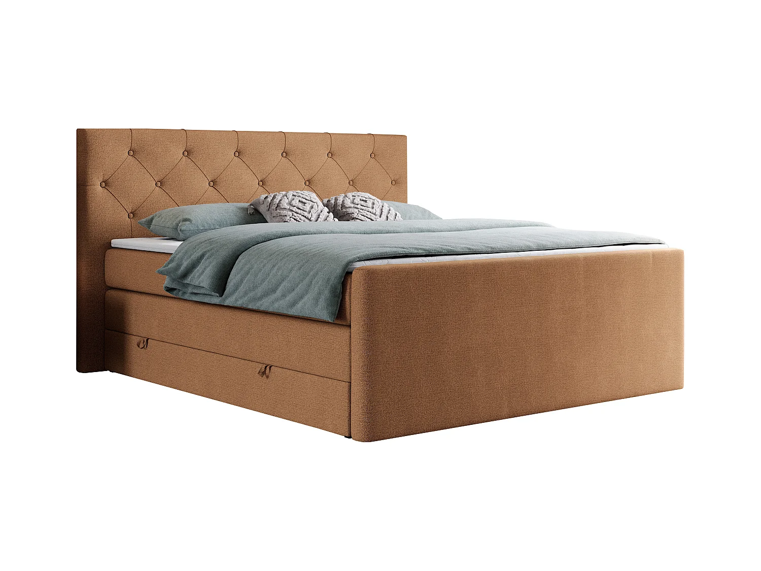 Boxspringbett VELEN KING - Doppelbett mit gestepptem Kopfteil, zwei Multipocket-Matratzen, Polsterbett mit Kopfstütze - 160x200 cm - H3 - Orange Strukture