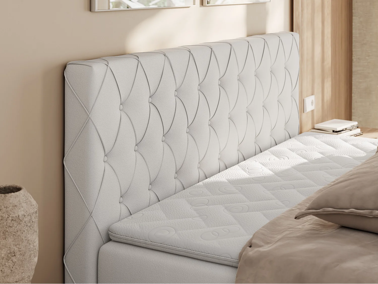 Boxspringbett MIREN DUO - mit gestepptem Kopfteil und Front, Multipocket-Matratze, zwei Bettkästen - 180x200 cm - H3 - Weiß Kunstleder