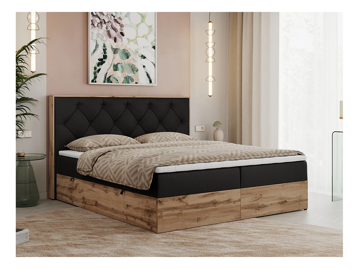 Boxspringbett VENETO - gestepptem Kopfteil, Set mit Multipocket-Matratze und Topper, Holzrahmen, zwei Bettkästen - 140x200 cm - H3 - Schwarz Kunstleder