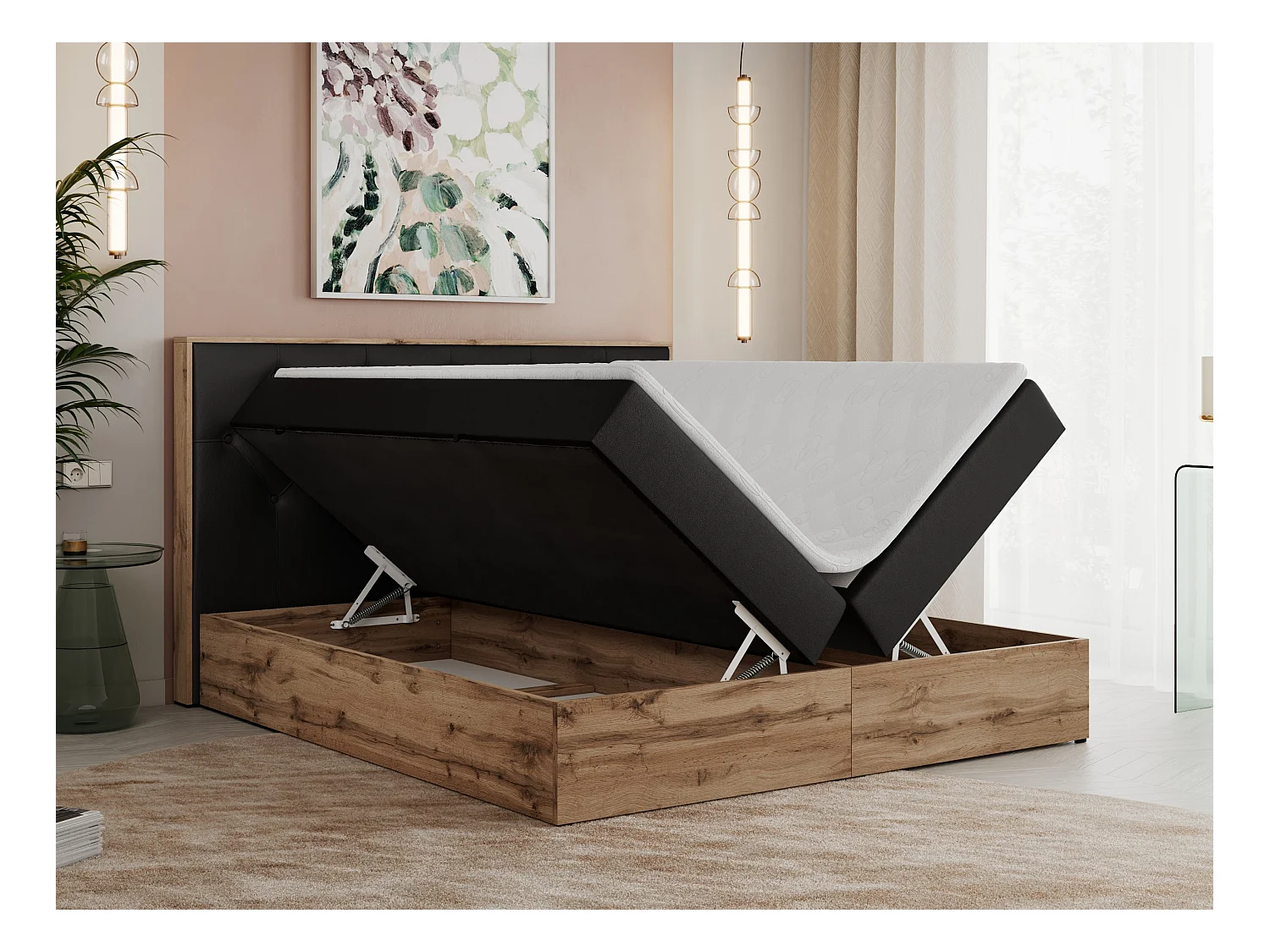 Boxspringbett VENETO - gestepptem Kopfteil, Set mit Multipocket-Matratze und Topper, Holzrahmen, zwei Bettkästen - 140x200 cm - H3 - Schwarz Kunstleder