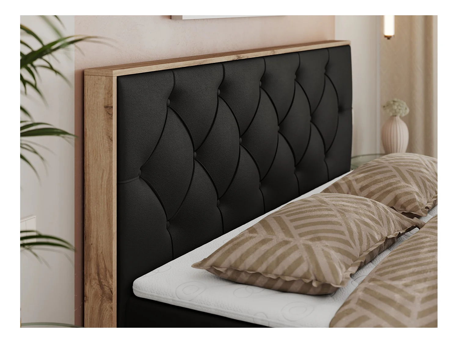 Boxspringbett VENETO - gestepptem Kopfteil, Set mit Multipocket-Matratze und Topper, Holzrahmen, zwei Bettkästen - 140x200 cm - H3 - Schwarz Kunstleder