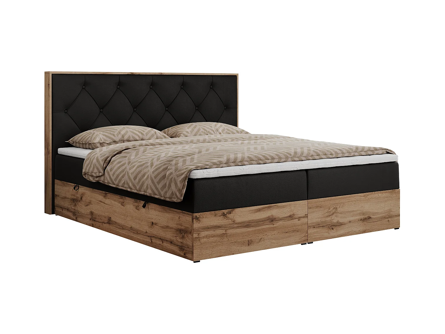 Boxspringbett VENETO - gestepptem Kopfteil, Set mit Multipocket-Matratze und Topper, Holzrahmen, zwei Bettkästen - 140x200 cm - H3 - Schwarz Kunstleder