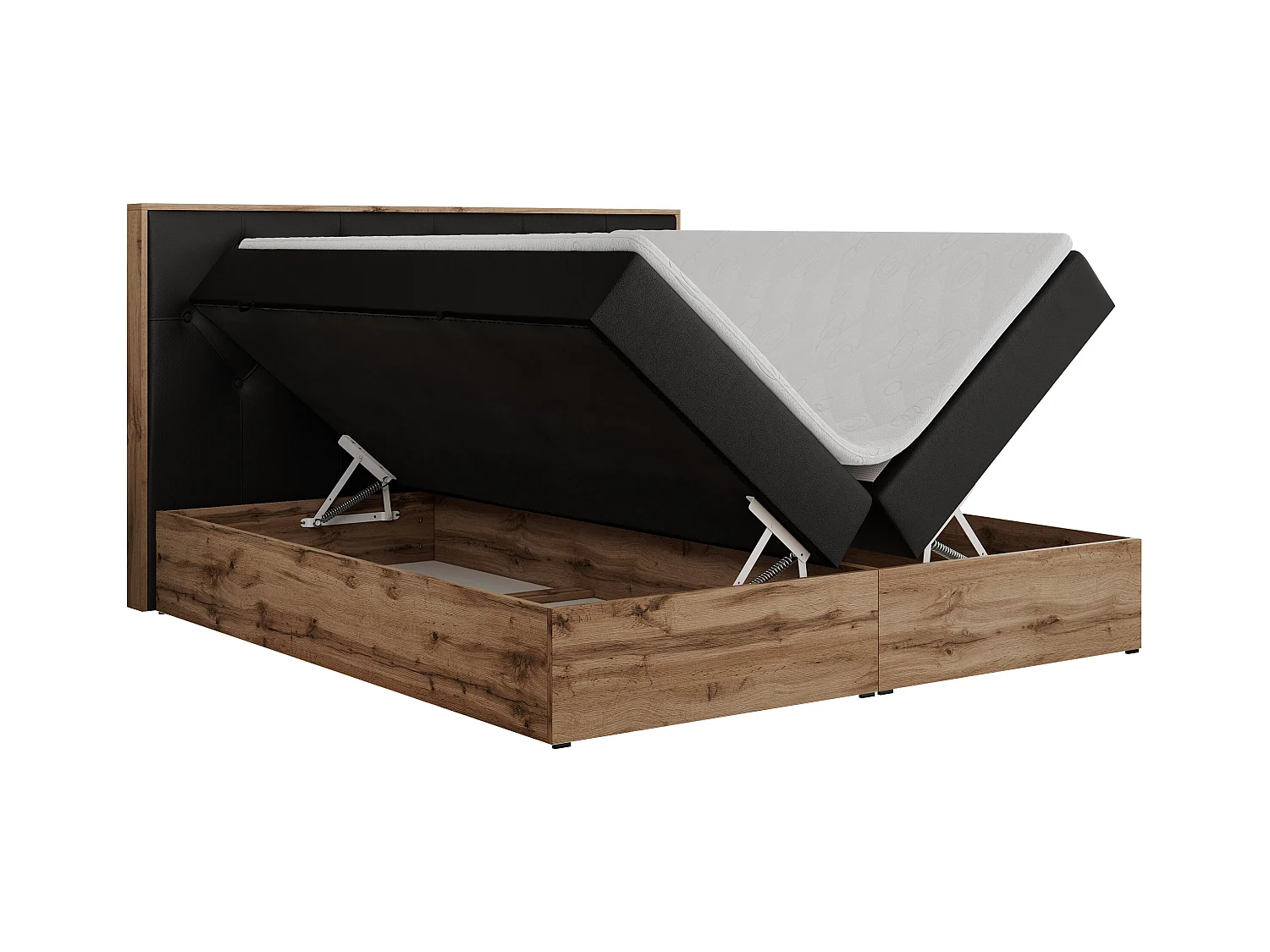 Boxspringbett VENETO - gestepptem Kopfteil, Set mit Multipocket-Matratze und Topper, Holzrahmen, zwei Bettkästen - 140x200 cm - H3 - Schwarz Kunstleder