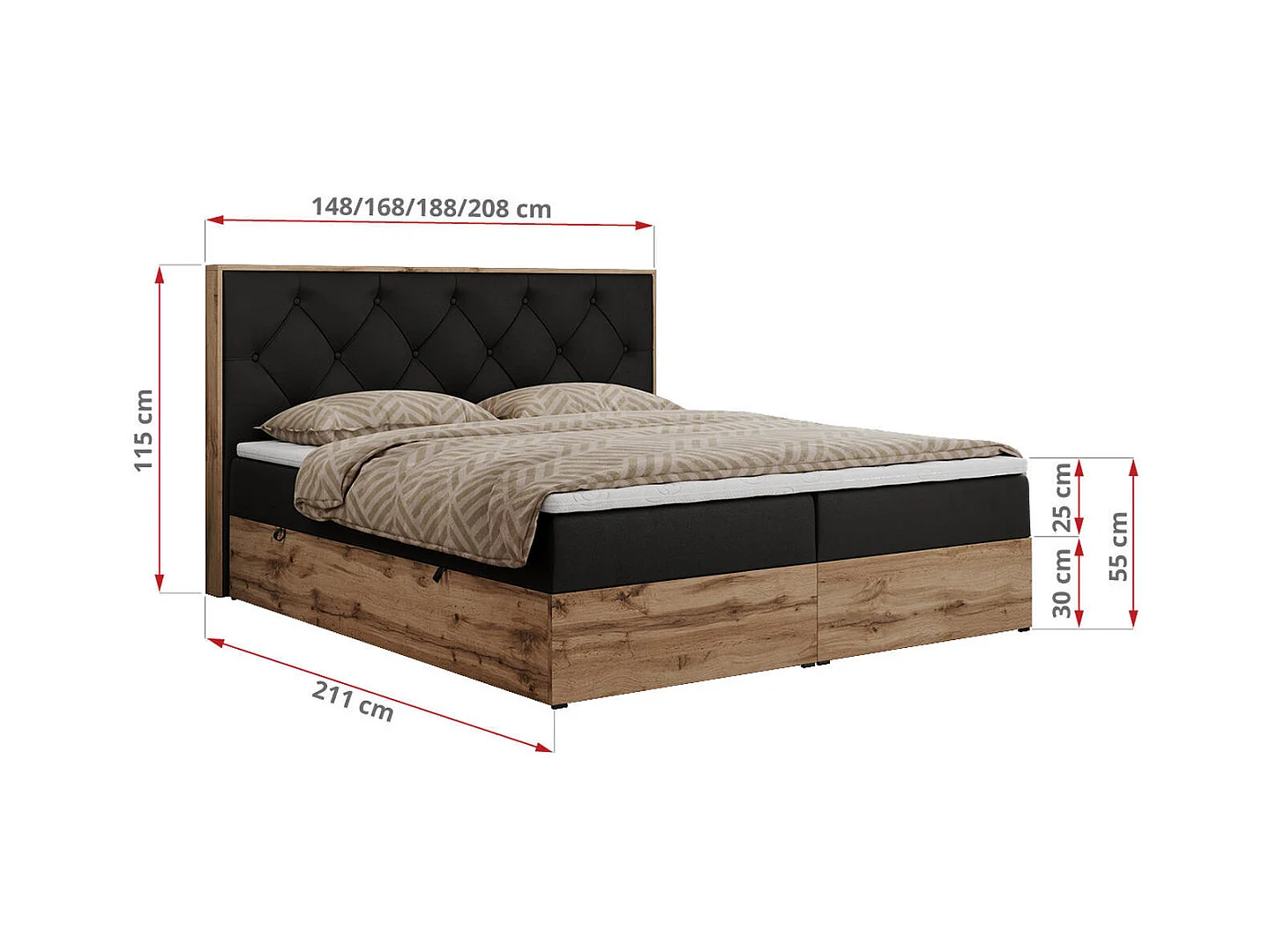 Boxspringbett VENETO - gestepptem Kopfteil, Set mit Multipocket-Matratze und Topper, Holzrahmen, zwei Bettkästen - 140x200 cm - H3 - Schwarz Kunstleder