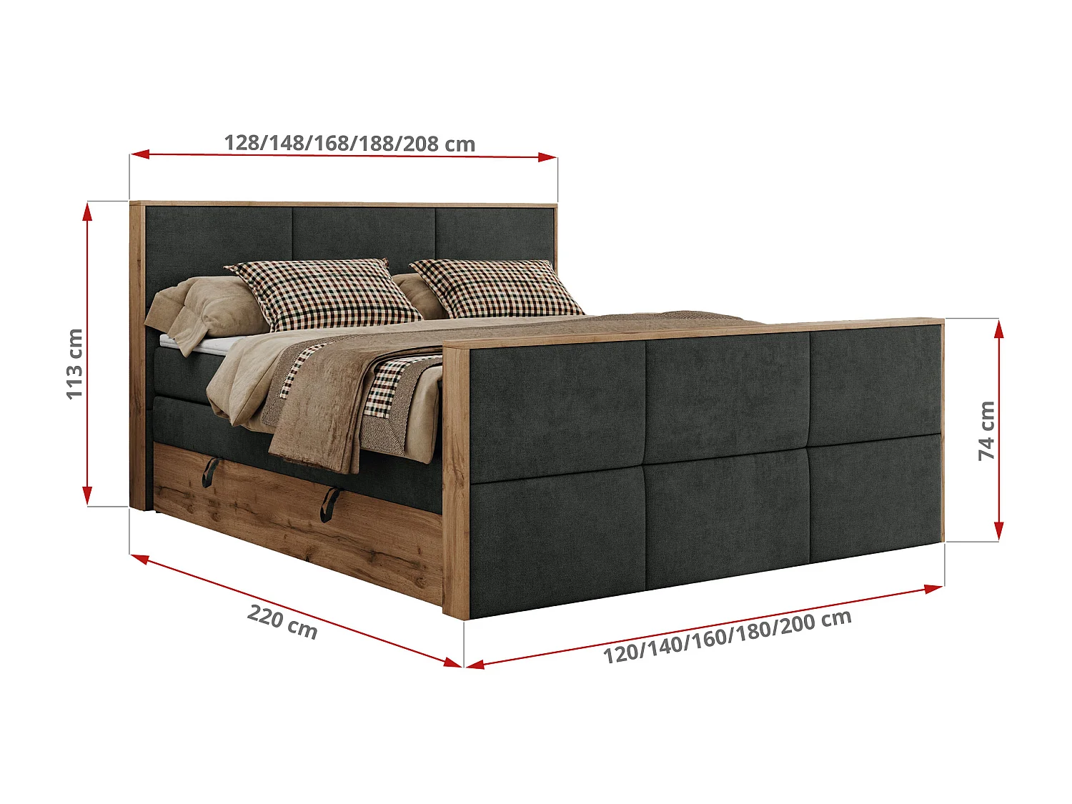 Boxspringbett ALBERO 2 KING DUO - Eiche Wotan Holzrahmen, zwei Multipocket-Matratzen, Bettkästen - 140x200 cm - H4 - Dunkelgrau Strukture