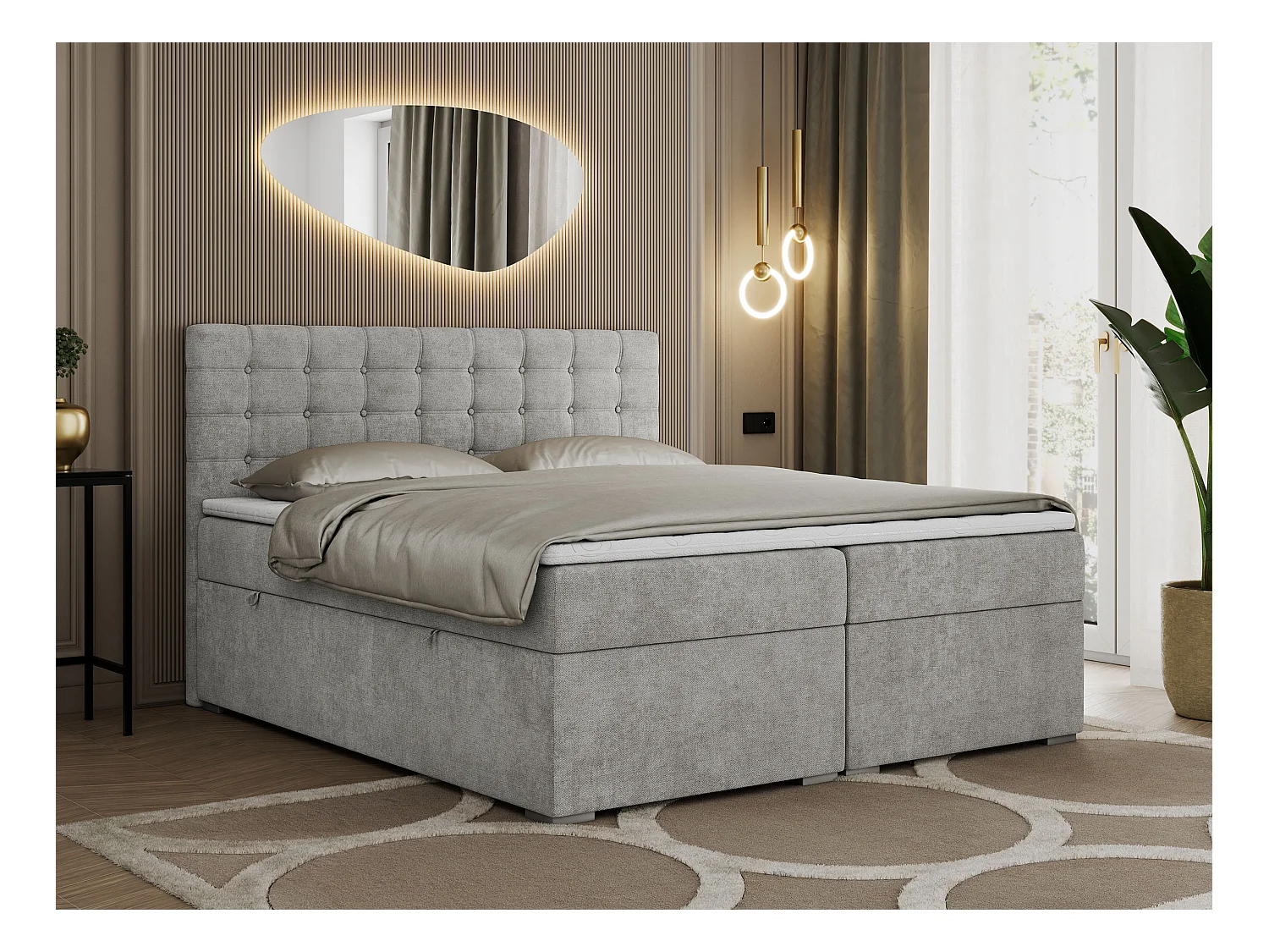 Boxspringbett SUSAN - mit gestepptem Kopfteil, zwei Bettkästen und Topper, gepolstertes Schlafzimmerbett - 200x200 cm - H4 - Hellgrau Stukture
