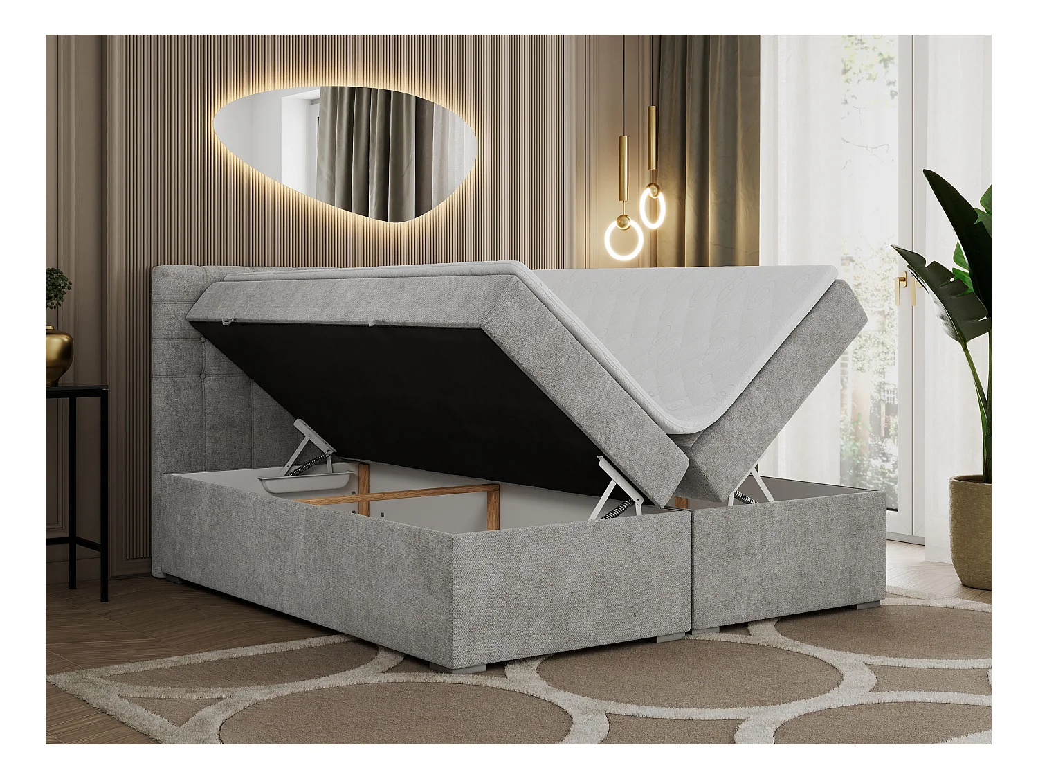 Boxspringbett SUSAN - mit gestepptem Kopfteil, zwei Bettkästen und Topper, gepolstertes Schlafzimmerbett - 200x200 cm - H4 - Hellgrau Stukture