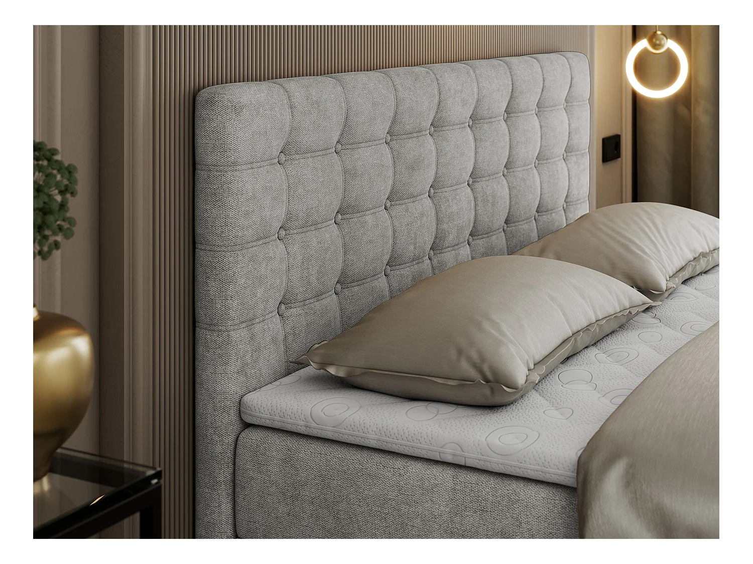 Boxspringbett SUSAN - mit gestepptem Kopfteil, zwei Bettkästen und Topper, gepolstertes Schlafzimmerbett - 200x200 cm - H4 - Hellgrau Stukture