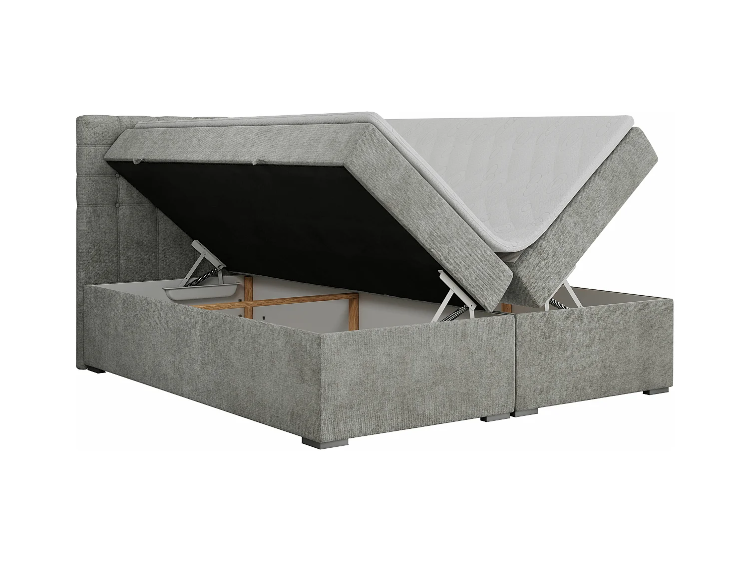 Boxspringbett SUSAN - mit gestepptem Kopfteil, zwei Bettkästen und Topper, gepolstertes Schlafzimmerbett - 200x200 cm - H4 - Hellgrau Stukture