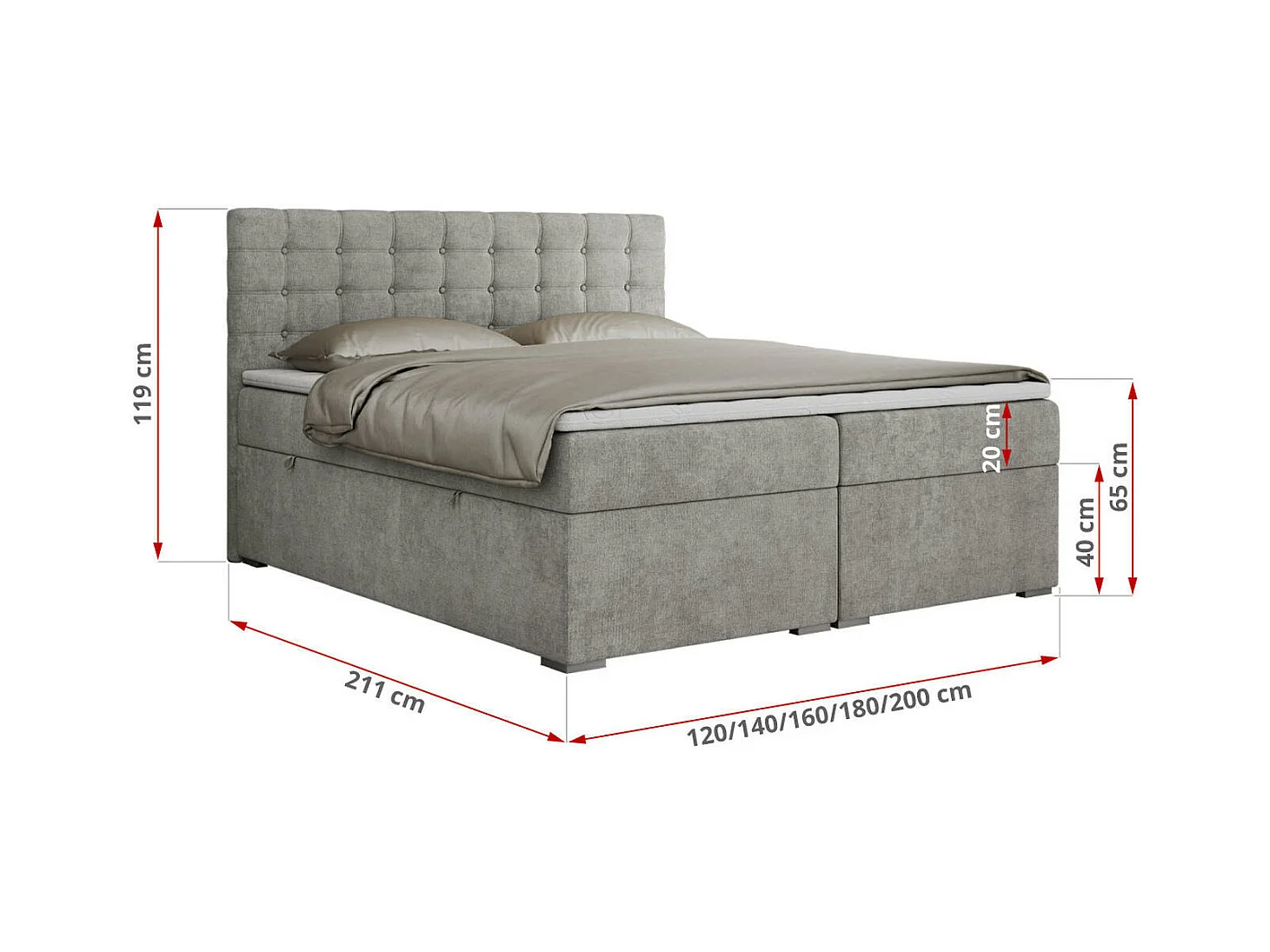 Boxspringbett SUSAN - mit gestepptem Kopfteil, zwei Bettkästen und Topper, gepolstertes Schlafzimmerbett - 200x200 cm - H4 - Hellgrau Stukture