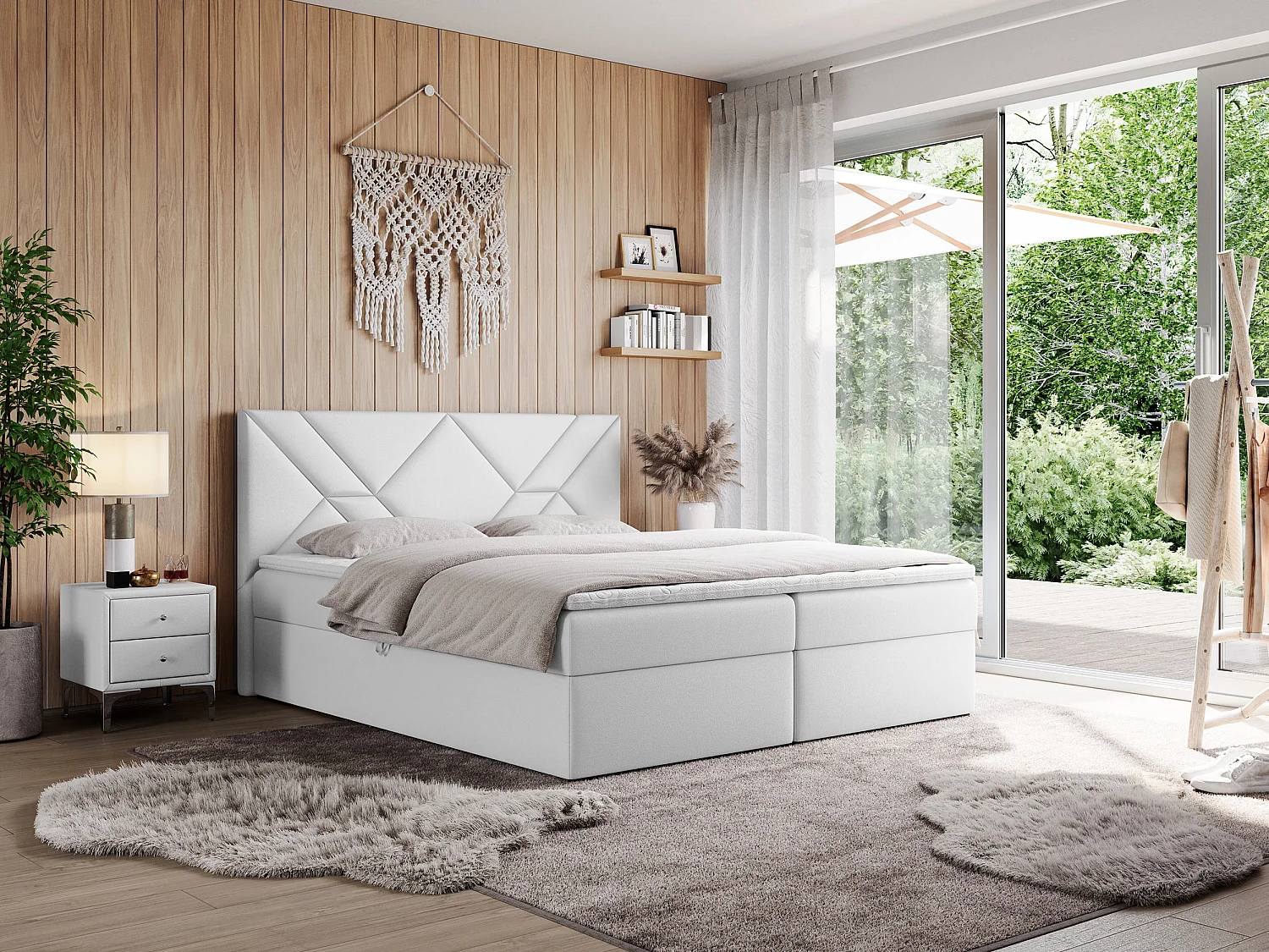 Boxspringbett NEOMI - dekorativem Kopfteil, Polsterbett mit Multipocket-Matratzen, zwei Bettkästen - 180x200 cm - H4 - Hellgrau Strukture