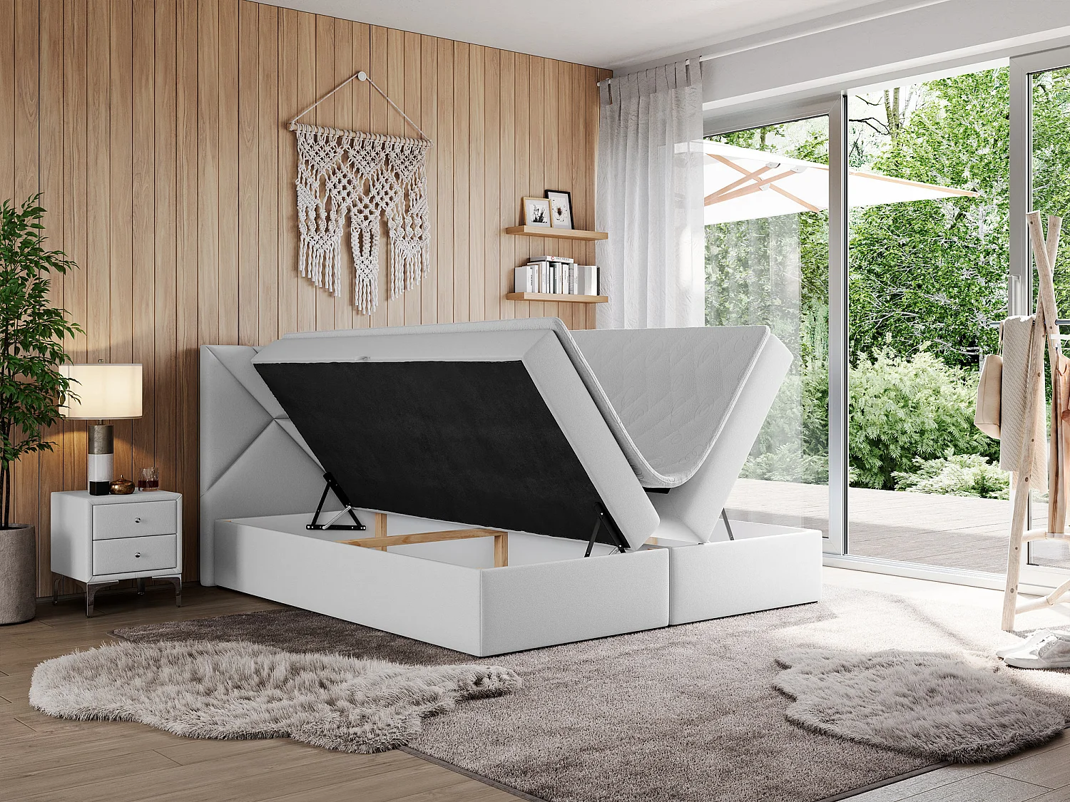 Boxspringbett NEOMI - dekorativem Kopfteil, Polsterbett mit Multipocket-Matratzen, zwei Bettkästen - 180x200 cm - H4 - Hellgrau Strukture