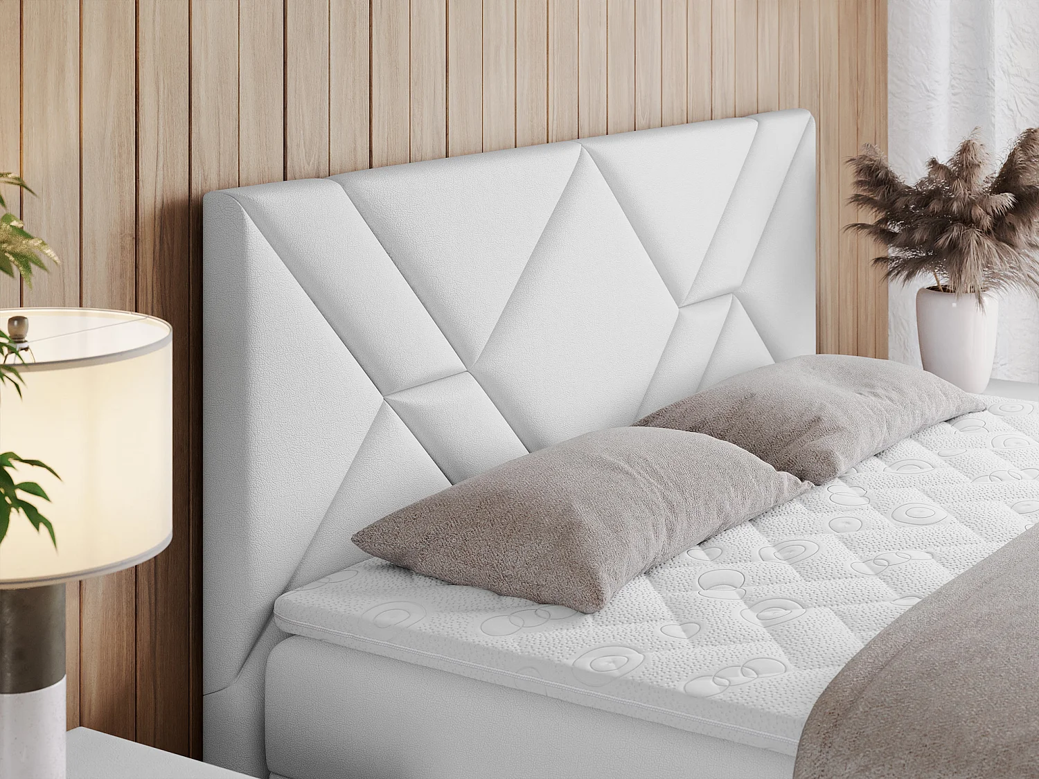 Boxspringbett NEOMI - dekorativem Kopfteil, Polsterbett mit Multipocket-Matratzen, zwei Bettkästen - 180x200 cm - H4 - Hellgrau Strukture