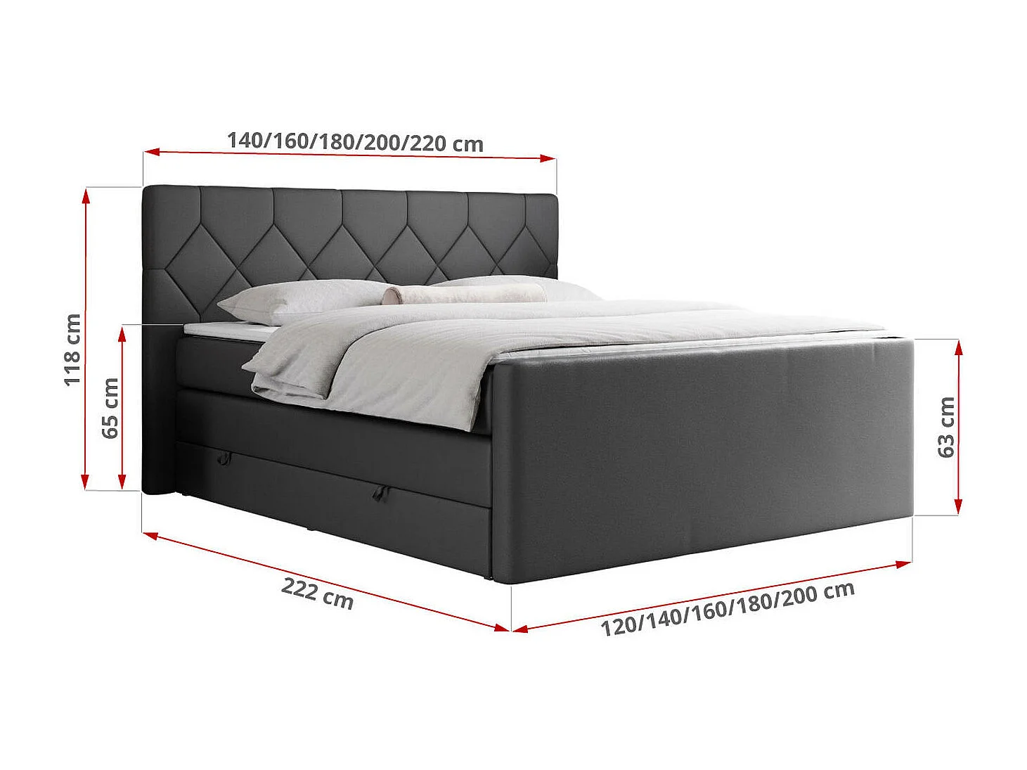 Boxspringbett EIGAR KING - Doppelbett mit genähtem Kopfteil, zwei Multipocket-Matratzen, Polsterbett für Schlafzimmer - 140x200 cm - H4 - Dunkelgrau Kunstleder