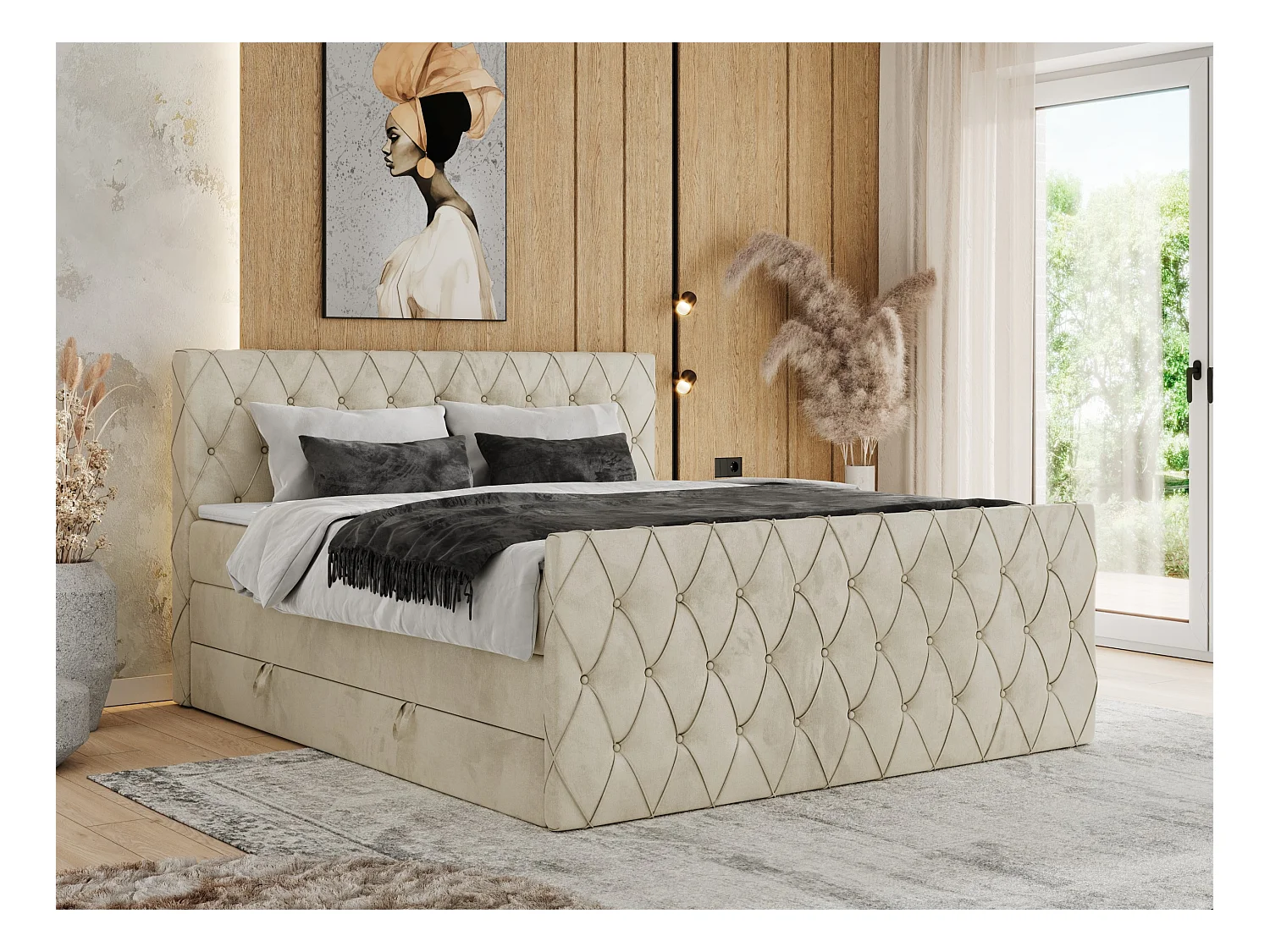 Boxspringbett MIREN KING DUO - für Schlafzimmer mit zwei Multipocket-Matratzen und Topper, gestepptes Kopfteil und Front  - 180x200 cm - H4 - Beige Velvet