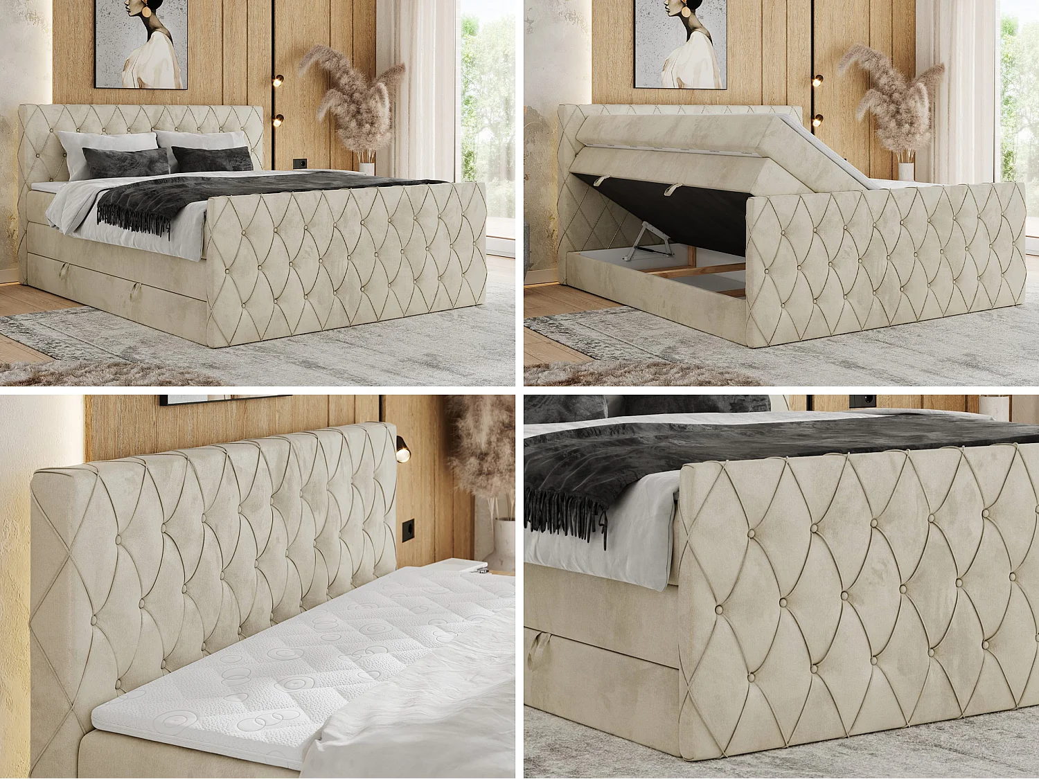 Boxspringbett MIREN KING DUO - für Schlafzimmer mit zwei Multipocket-Matratzen und Topper, gestepptes Kopfteil und Front  - 180x200 cm - H4 - Beige Velvet