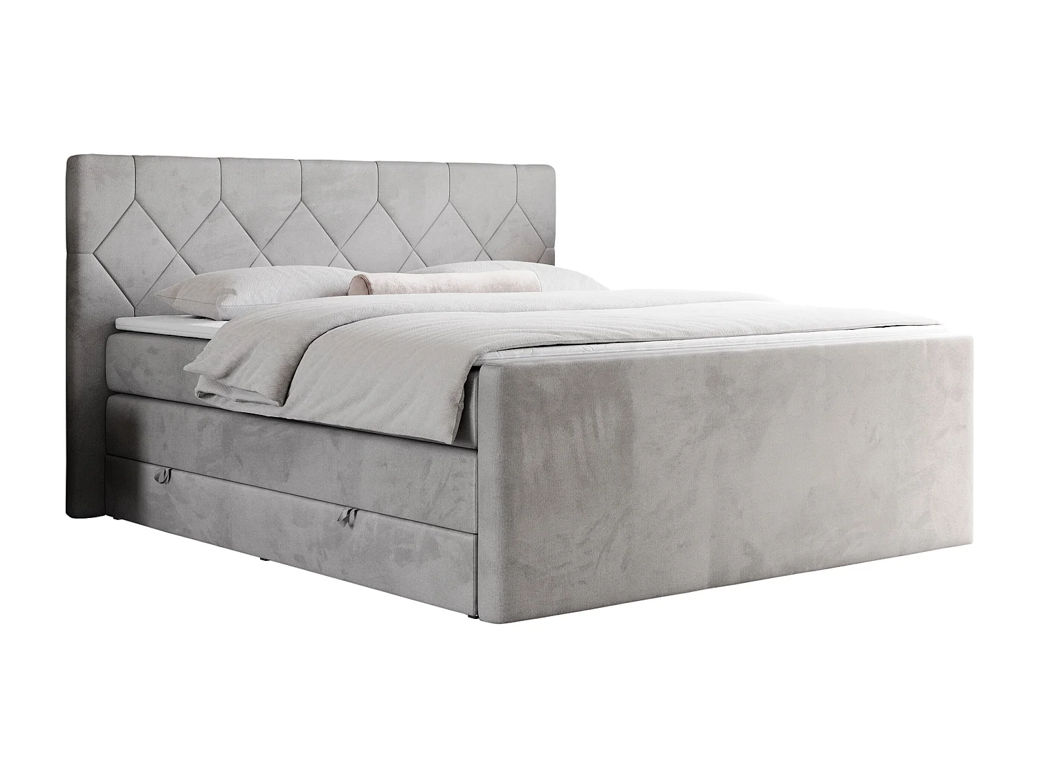 Boxspringbett EIGAR KING - Doppelbett mit genähtem Kopfteil, zwei Multipocket-Matratzen, Polsterbett für Schlafzimmer - 200x200 cm - H4 - Hellgrau Velvet