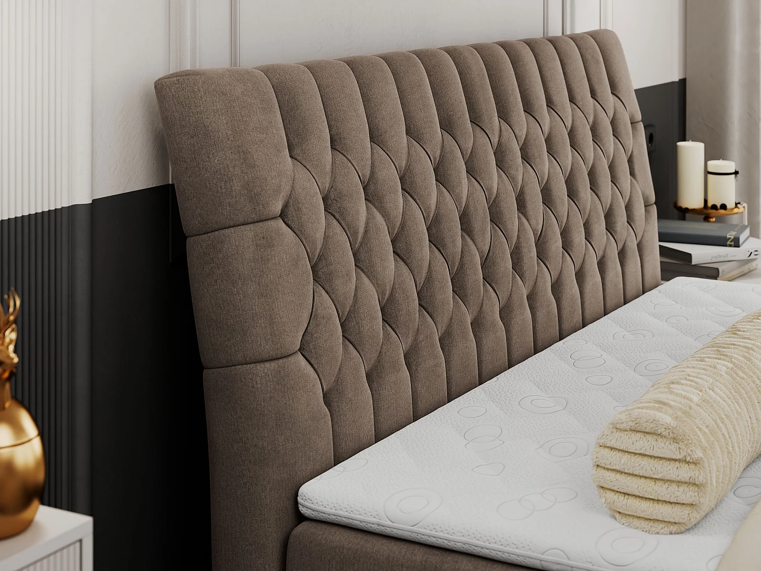 Boxspringbett MILEN - gepolstertes Schlafzimmerbett, zwei Multipocket-Matratze, dekorative hohe Beine - 120x200 cm - H3 - Braun Velvet